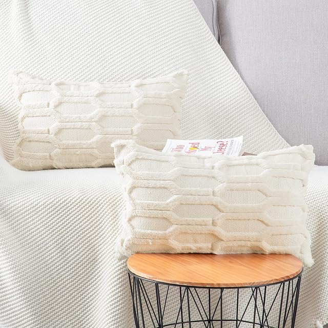 Madizz Pack of 2 Soft Plush Short Wool Velvet Decorative Cushion Covers Luxury Style Throw Pillow Cases Pillow Shell for Sofa Bedroom Beige 12x20 inch Rectangular