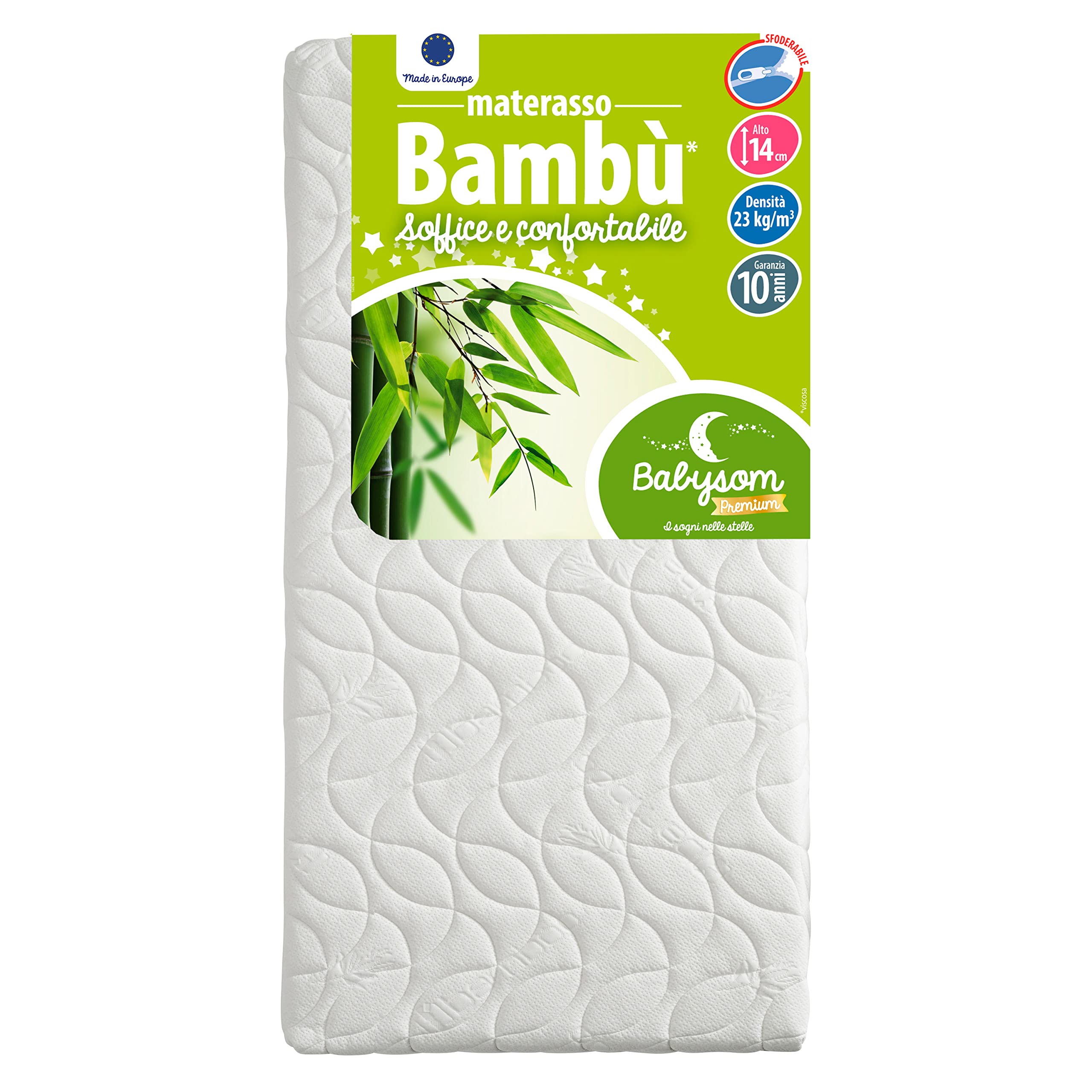 Babysom - Materasso Lettino Bambino | Per Neonato - Bambù Naturale - 70x140 cm - Altezza 14cm - Antiacari - Antisoffoco e Traspirante - Sfoderabile - Garanzia 10 anni