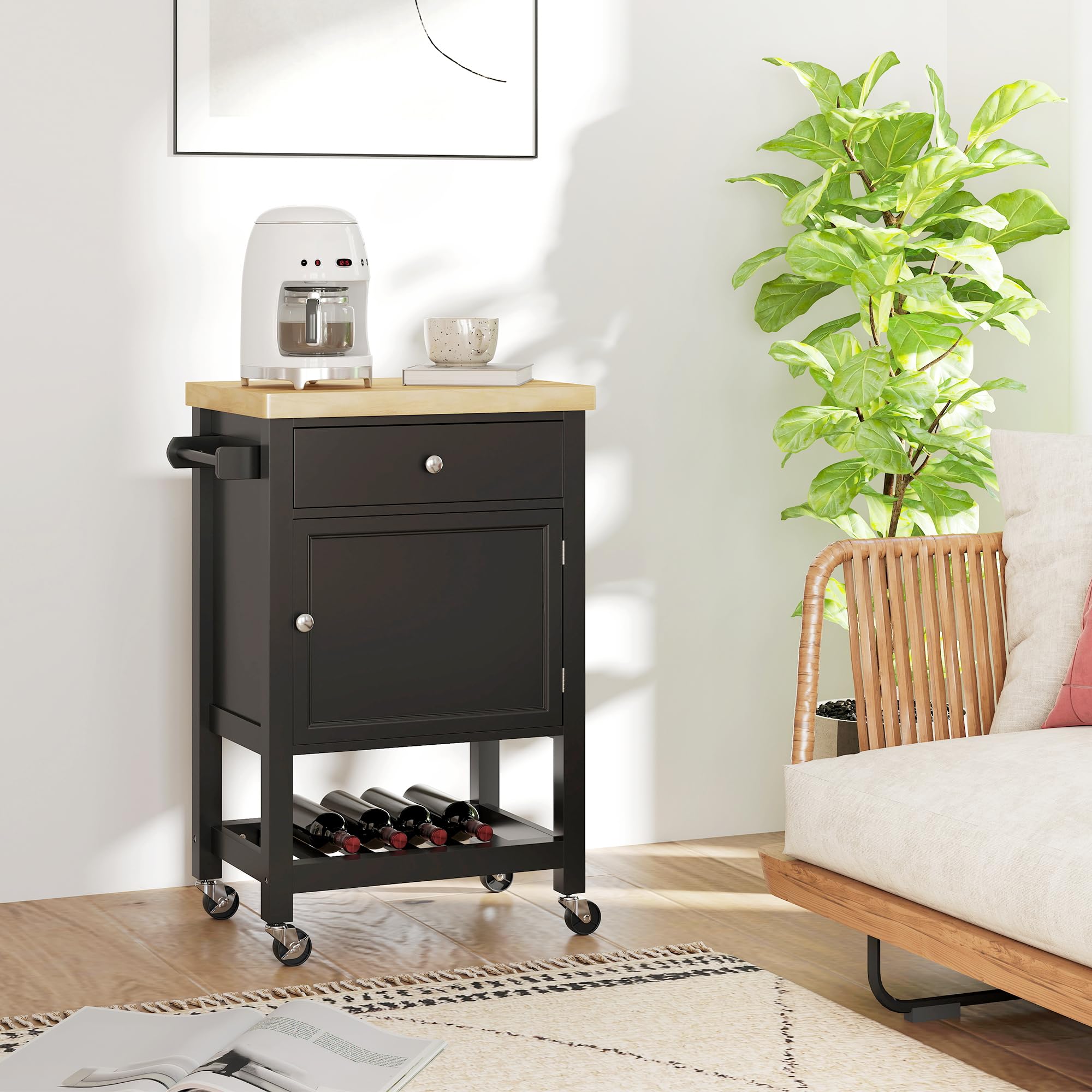 HOMCOM Carro de cocina con ruedas, carro para servir, encimera de madera de caucho, cajón, armario y toallero, carro de cocina y comedor, 63,5 x 40 x 90 cm, negro