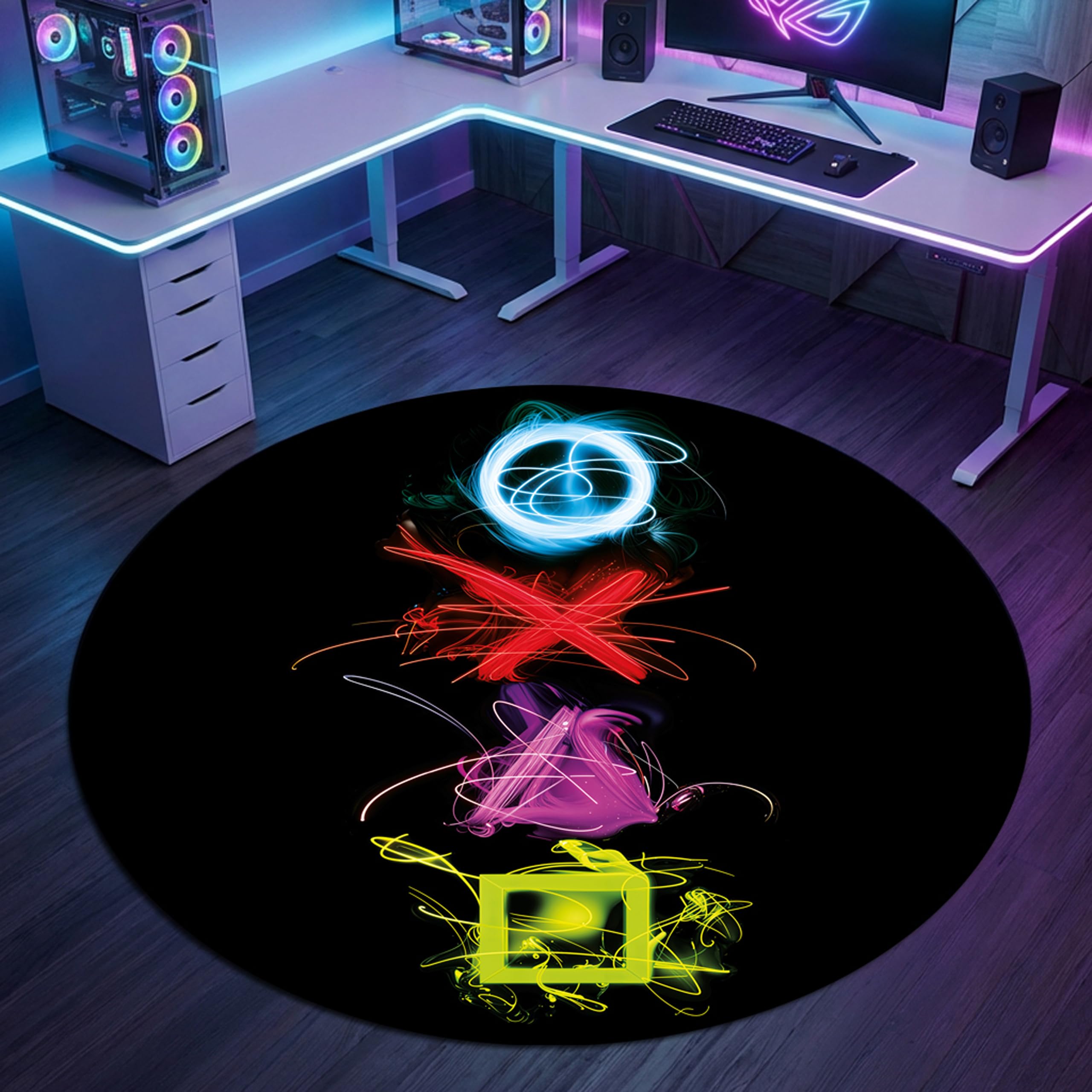 CARPETIA Gamingteppich Rund Neon-Symbole Schwarz Mehrfarbig Ø 160 cm | Samtig weich, rutschfest, bei 30 °C waschbar, pflegeleicht und schmutzabweisend, Neon-Symbole für Gaming- & Jugendzimmer