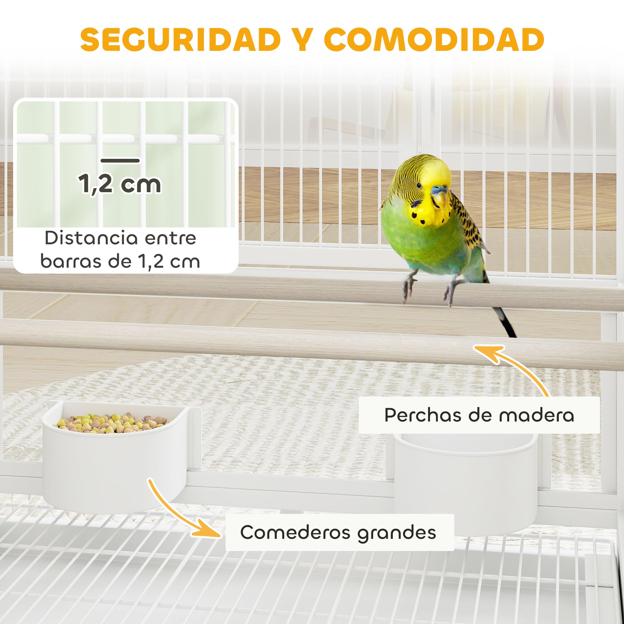 Pawhut Jaula para Pájaros Jaula Grande de 2 Niveles con Ruedas Paneles Acrílicos Comederos Perchas Estante Bandejas Extraíbles Pajarera para Loros Canarios 48x46x134,5 cm Blanco