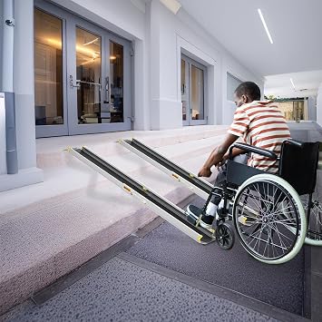 UISEBRT 2 x Wheelchair Ramp, Load Capacity up to 300 kg 91-152.4 cm for Wheelchair, Aluminium Telescopic Ramp, Adjustable Access Ramp for Stairs