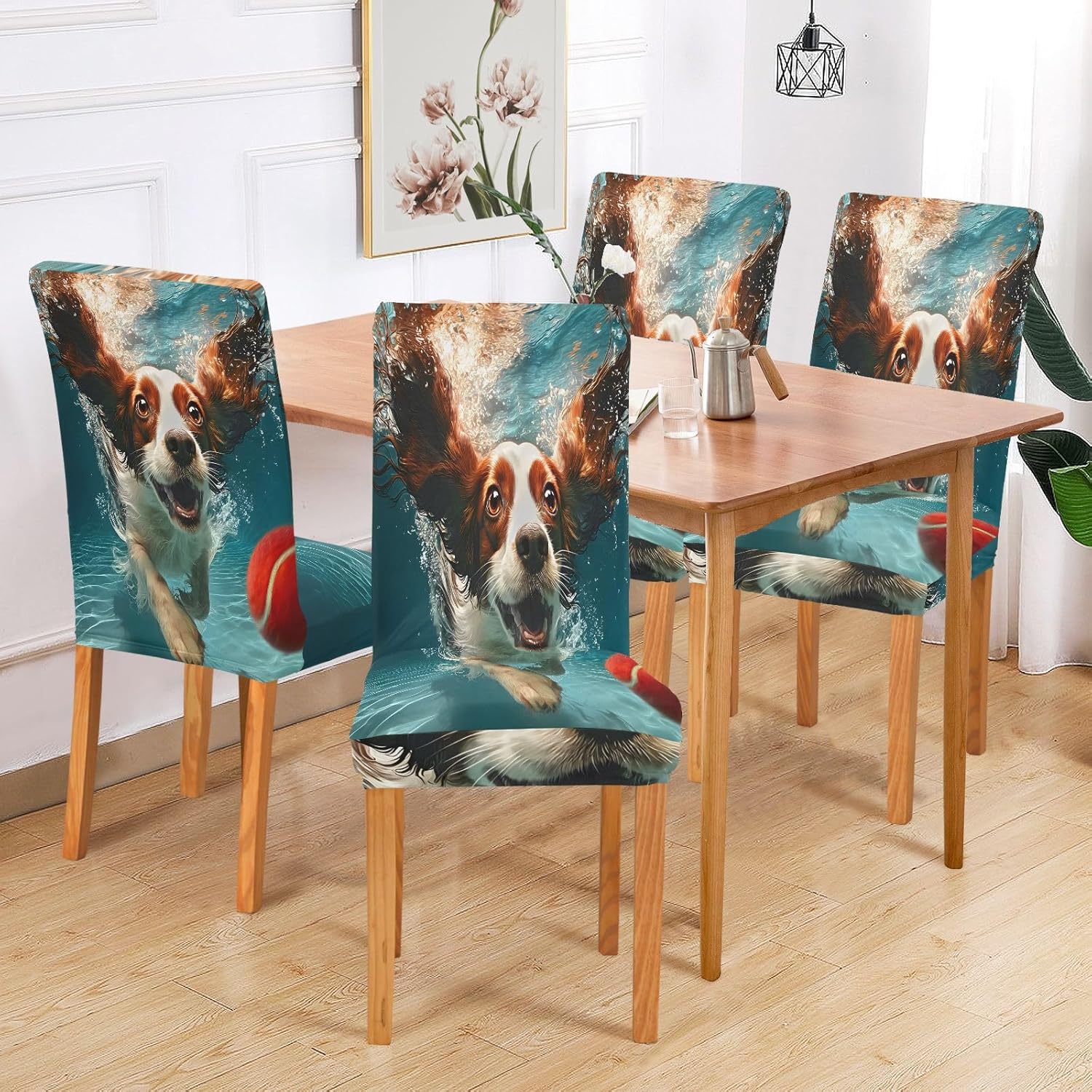 ALAZA Chair Covers for Dining Room, Dog Plays Tennis Stretch Chair Cover Sets Chair Protector Removable Washable for Ktichen Restaurant Hotel