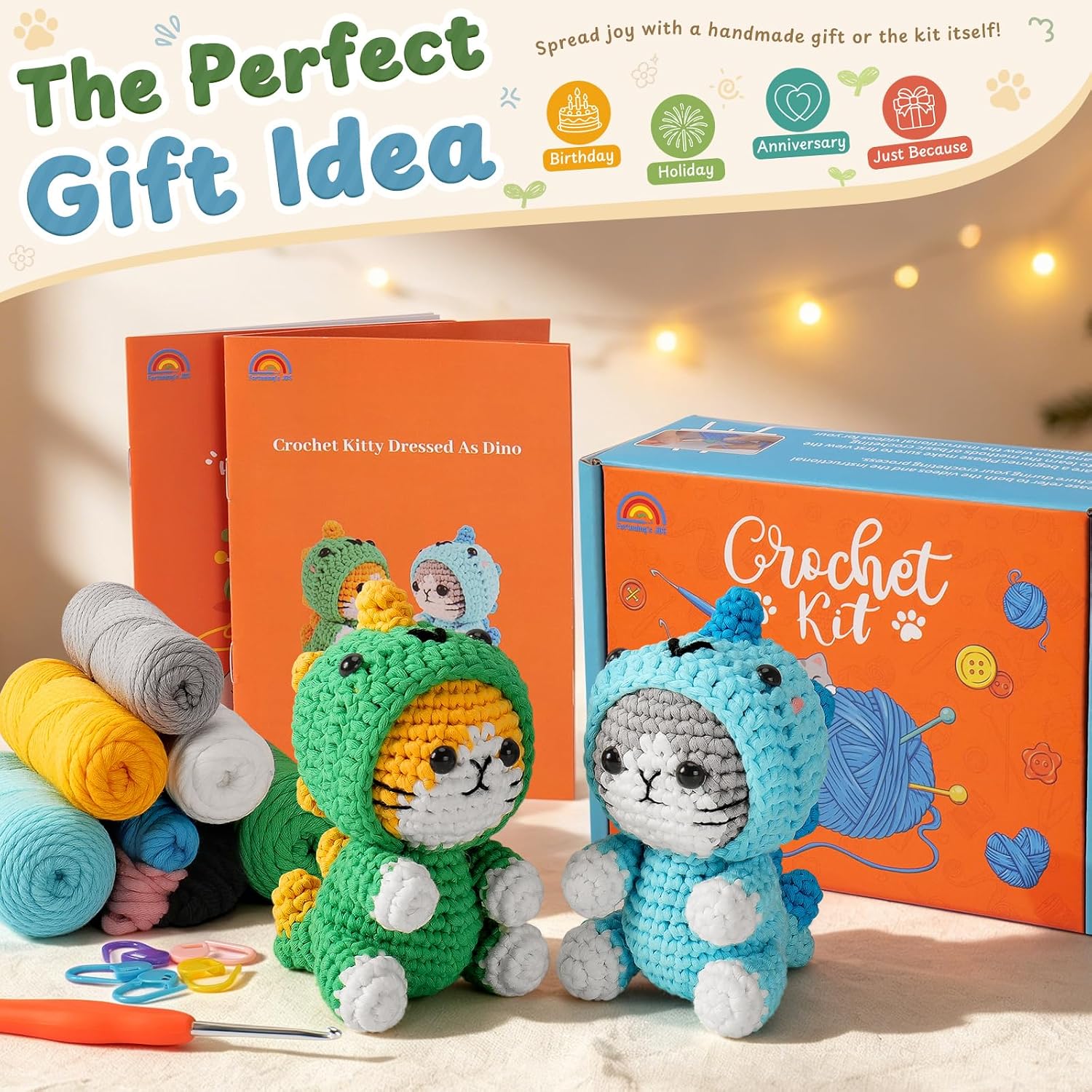 Crochet Kit for Beginners, 2 Pack Dinosaur Cat Crochet Kit, Beginner Crochet Kit for Adults with Step-by-Step Video Tutorials, Complete Animal Crochet Starter Set with Easy Yarn DIY Craft Kit