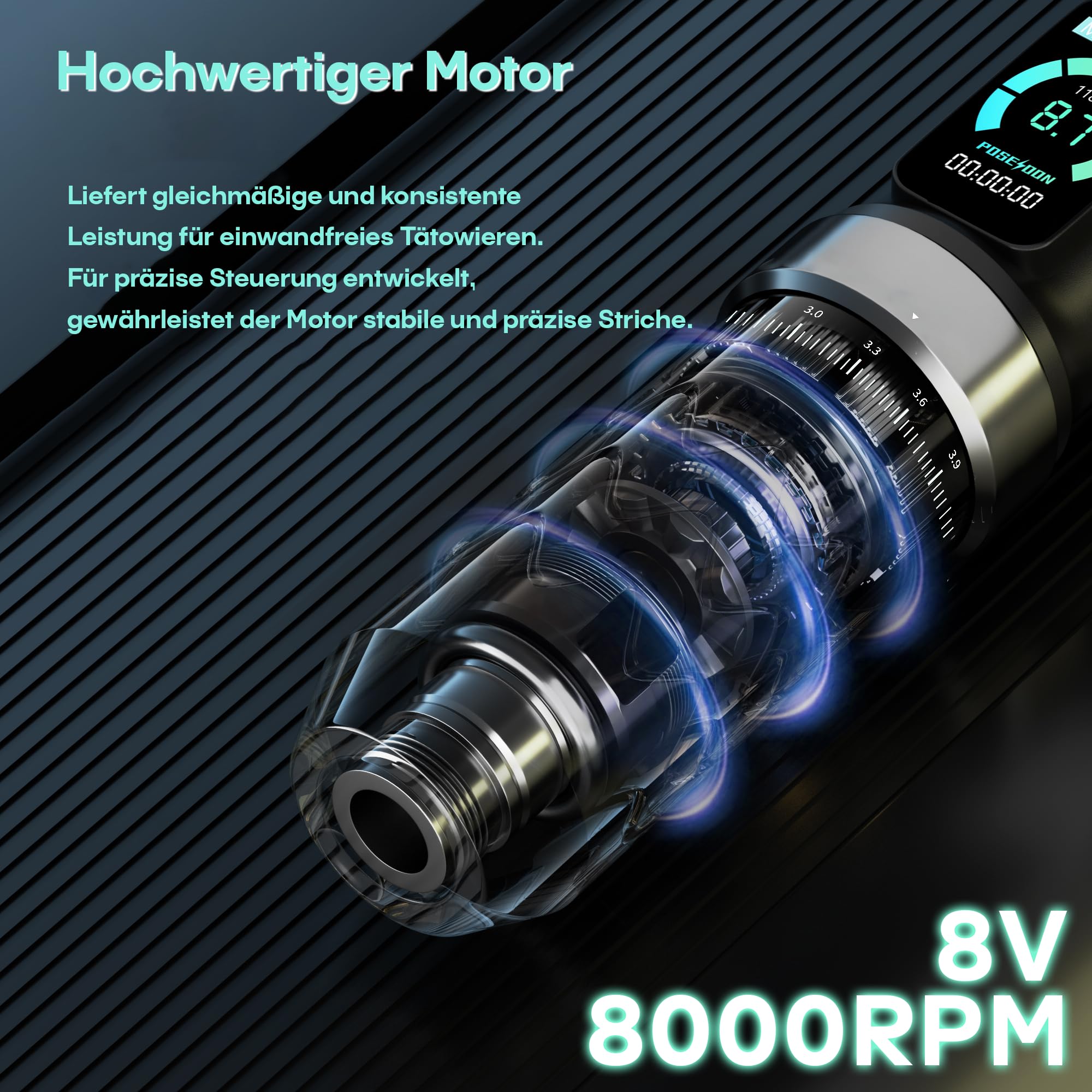 POSEIDON Kit machine à tatouer sans fil avec 7 réglages de course, deux batteries de 2300 mAh, mode normal/pointillé et écran LED – Appareil de tatouage professionnel sans fil pour débutants (HM145)