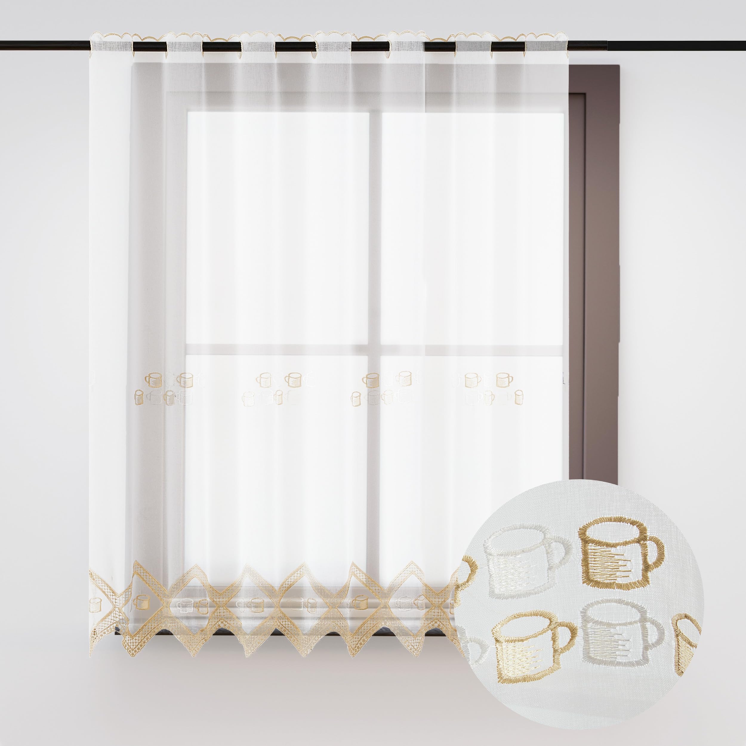 HOMEYA - Cortina Cocina 150 x 140 cm, Visillo Cocina con bordados transparente un panel 150 x 140 cm (ancho por largo) Taza de café