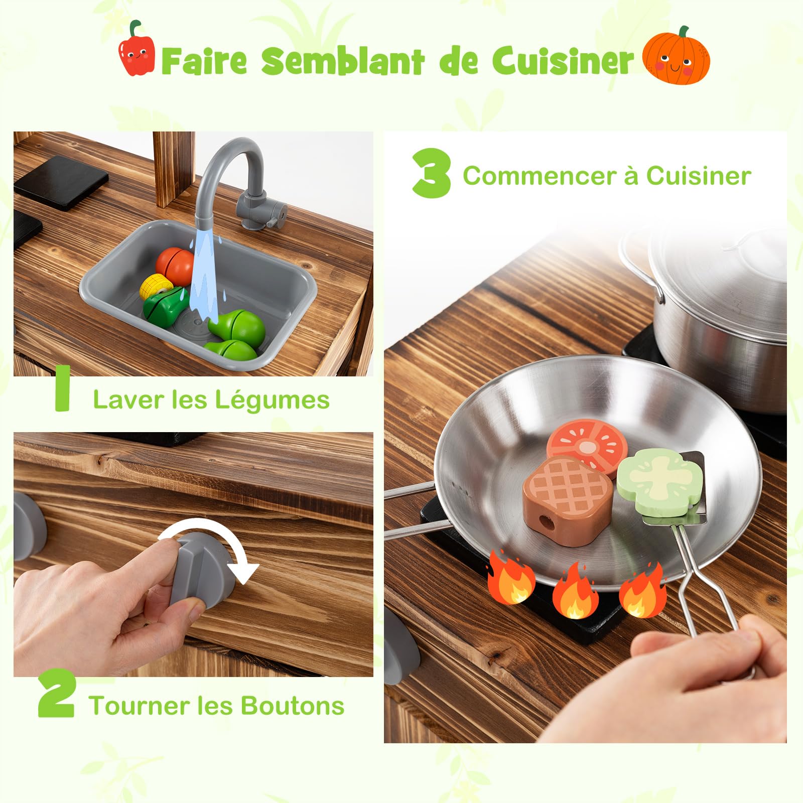 GOPLUS Cuisine Exterieur Enfant en Bois de Sapin, Jouet de Cuisine de Boue avec Tableau Noir, Panneau Acrylique, 4 Pots de Plantation, Robinet, Évier Amovible, pour 3+ Ans