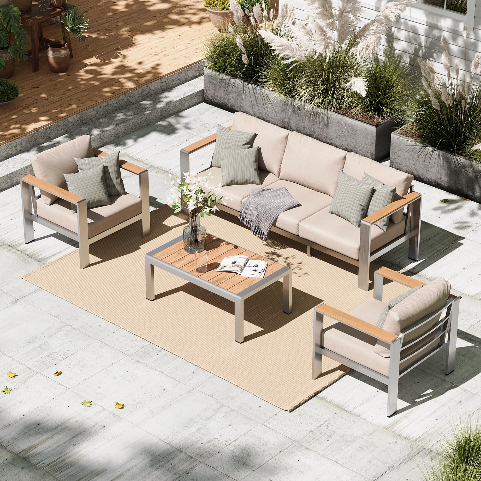 Aluminum Outdoor Patio Furniture Set with Coffee Table, 4 Piece Patio Conversation Sets with Washable Thick Cushions, Outdoor Sectional Furniture Set for Porch, Balcony, Deck, Silver