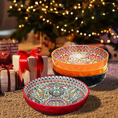 Miniatura 4 de Cuencos grandes bohemios para servir, cuencos de ensalada de frutas de 10.2 pulgadas, platos decorativos para entretenimiento, juego de 2 cuencos de