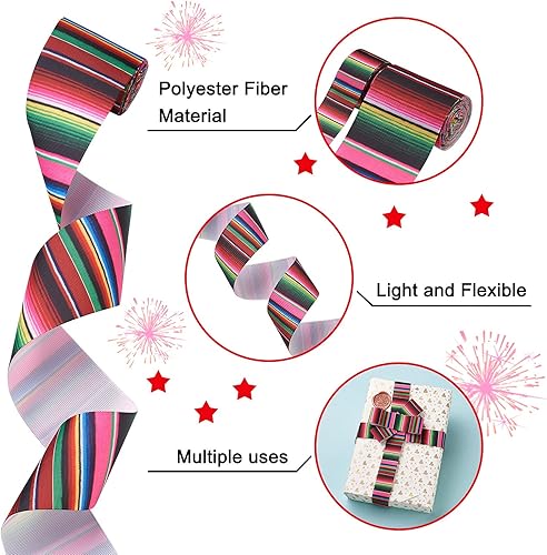 Miniatura 2 de Craftdady 2 rollos de cinta mexicana para fiesta, cinta de grogrén a rayas de arco iris de colores de 0.984 in2.480 in para bricolaje, lazos para el