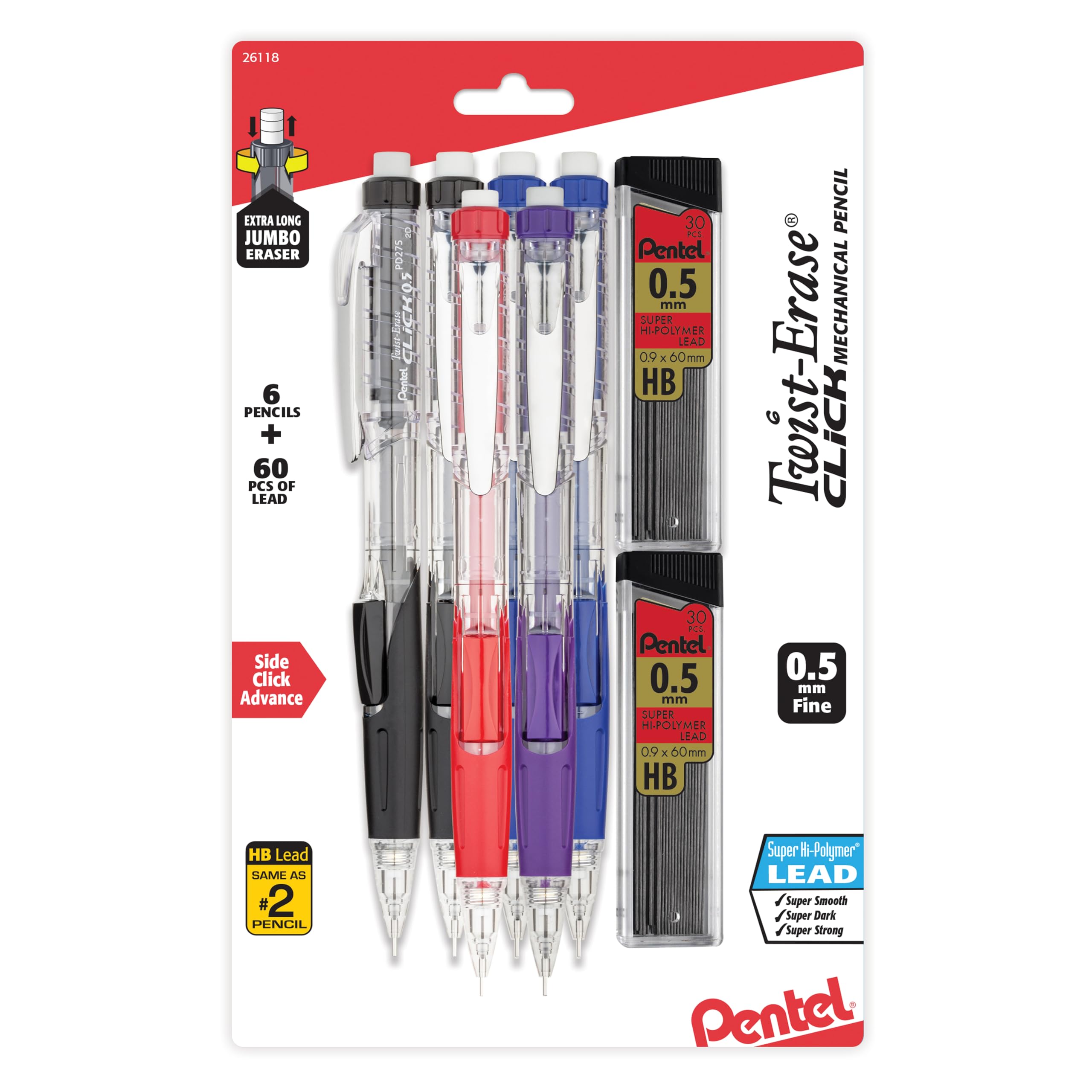 Pentel Twist-Erase Click Mechanical Pencil (0.5mm), Pack of 6 Pencisl with 2 Pack of Lead Refills (PD275TLBPS6M)