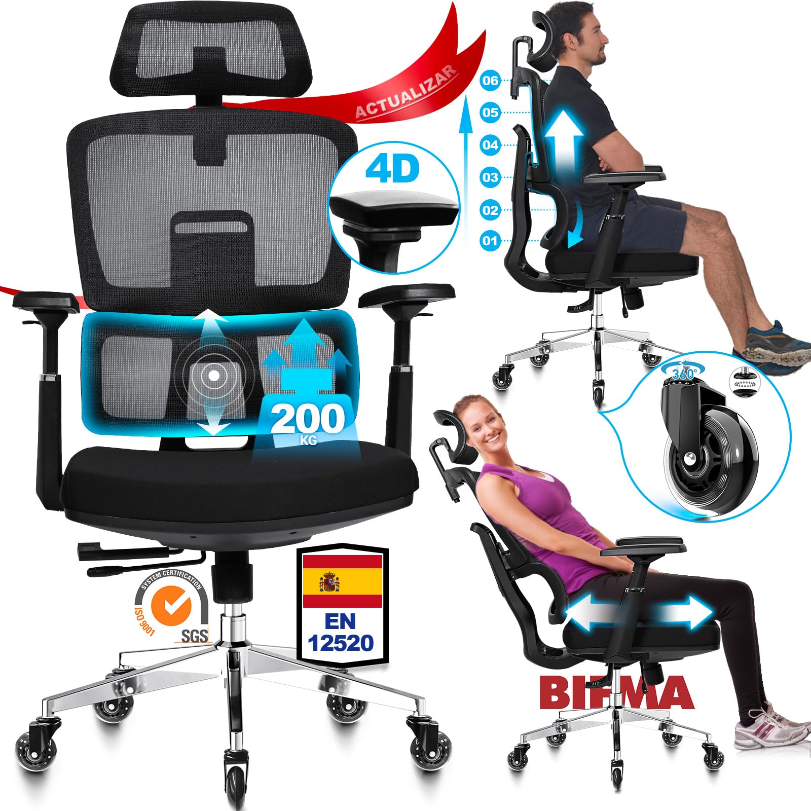 MELOKEA Silla Escritorio 200kg, Ruedas Silla Oficina Goma, 4D Apoyabrazos, Respaldo y Profundidad Ajustables, Mecanismo de Bloqueo de 4 Posiciones, Cojín De Asiento Elástico, Silla Ergonomica