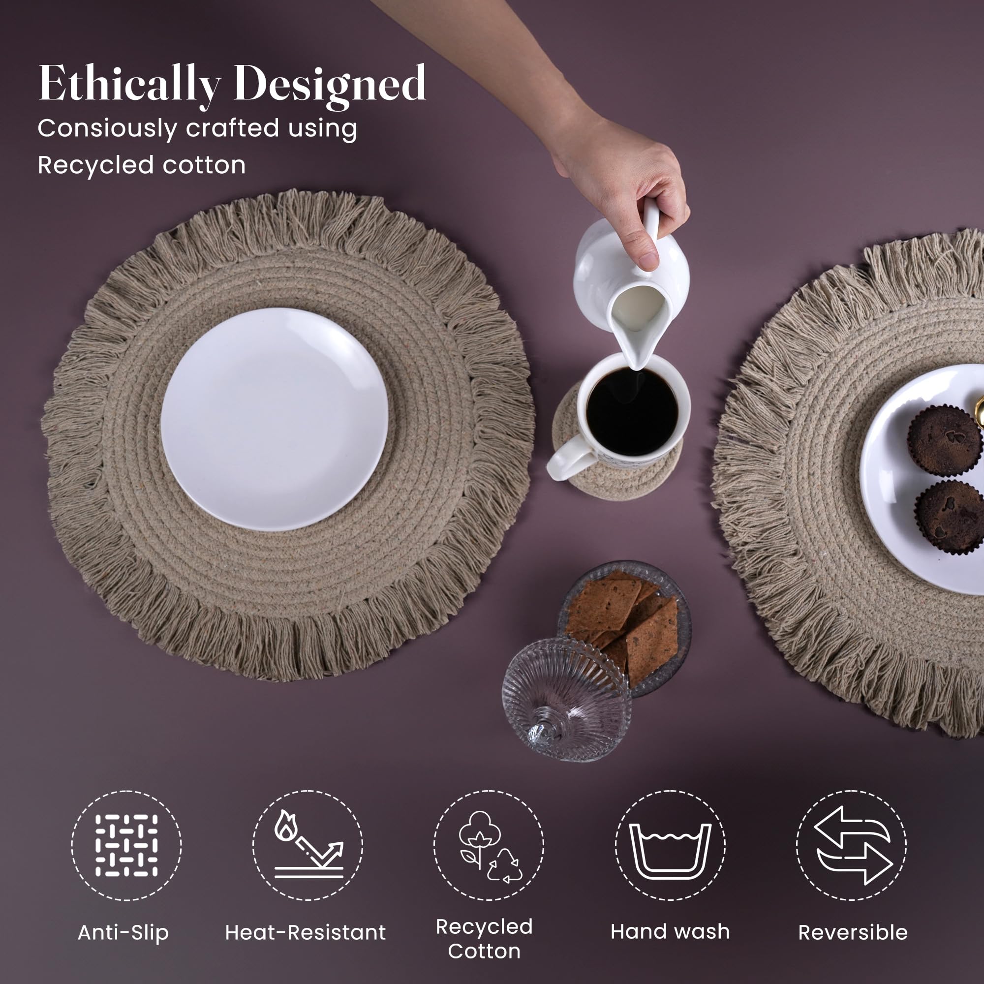 The Fine Living Co. Manteles individuales trenzados con 4 posavasos gratis, tapete de cocina lavable, decoración de cocina, manteles individuales redondos reversibles para decoración del hogar y mesa
