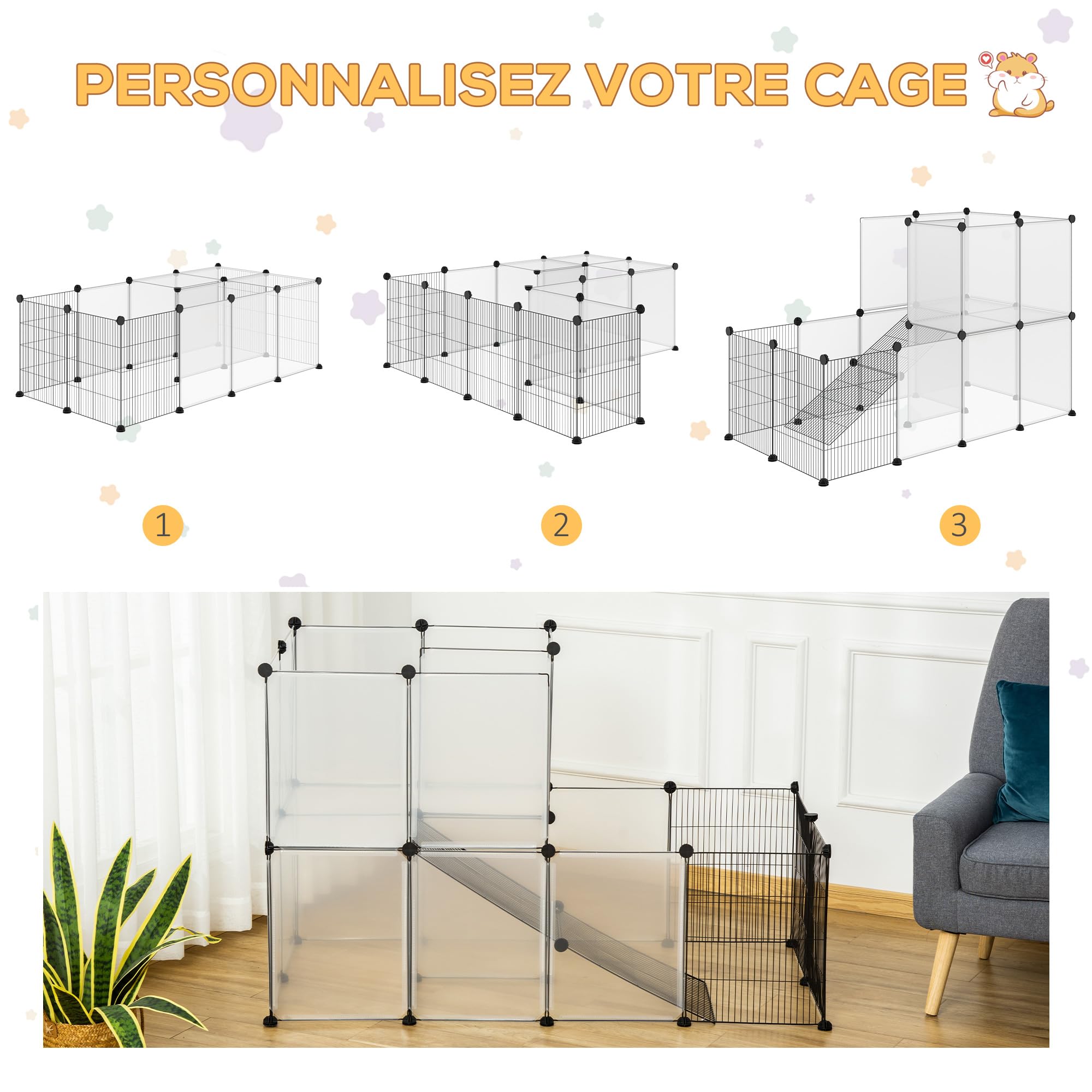 PawHut Enclos Lapin Interieur, 2 Niveaux, Parc Cage modulable Design Ouvert et Visible en Fil d'acier, clôture pour Petits Animaux, Lapin, Chinchilla, Cochon d'Inde, 27pcs, 140 x 70 x 90 cm, Noir | Parc Cage Modulable Design Visible en Fil d'Acier, Clôtur