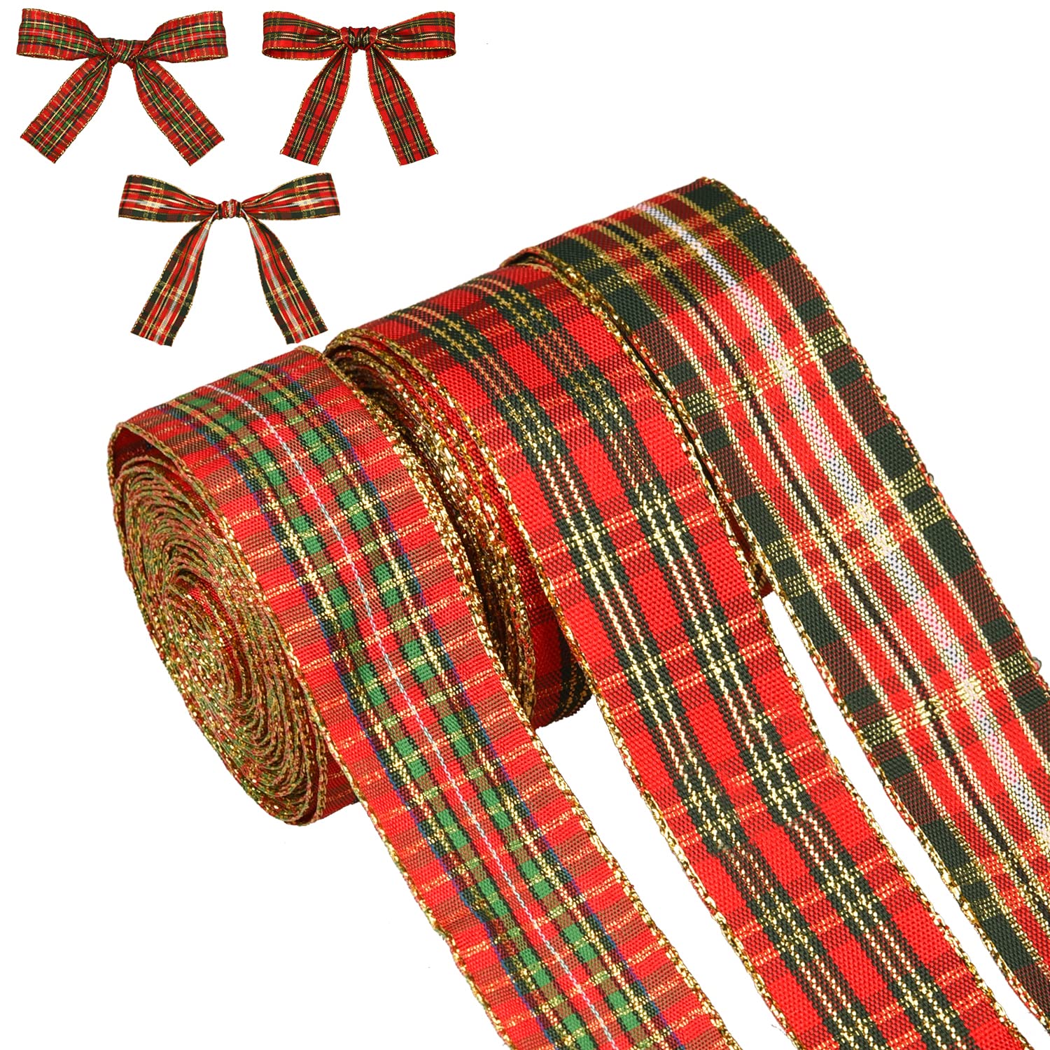 Tartan Wired Ribbon - 18 Yards Christmas Plaid Check Wired Edge Gingham Ribbon for Wreaths Bows Xmas Tree Decoration