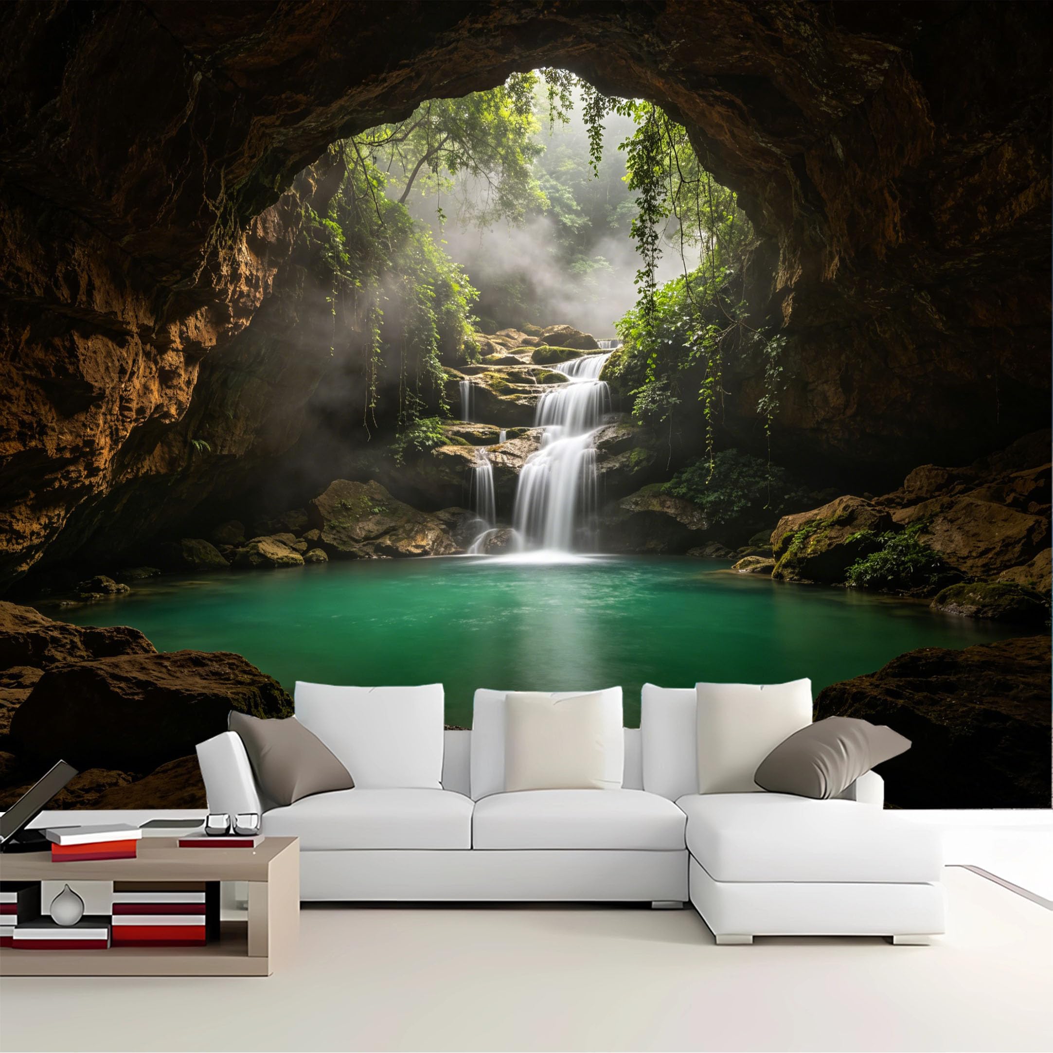 Custom Size Wall Mural Cave View Tropical Waterfall Removable Self Adhesive Peel and Stick Wallpaper for Bedroom Living Room Dining Room