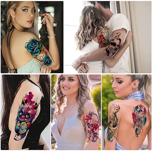 Miniatura 4 de Aresvns Tatuaje temporal de acuarela 3D, 14 hojas de rosas, flores, mariposa, león, tatuajes falsos para adultos, hombros y brazos, 11 hojas de