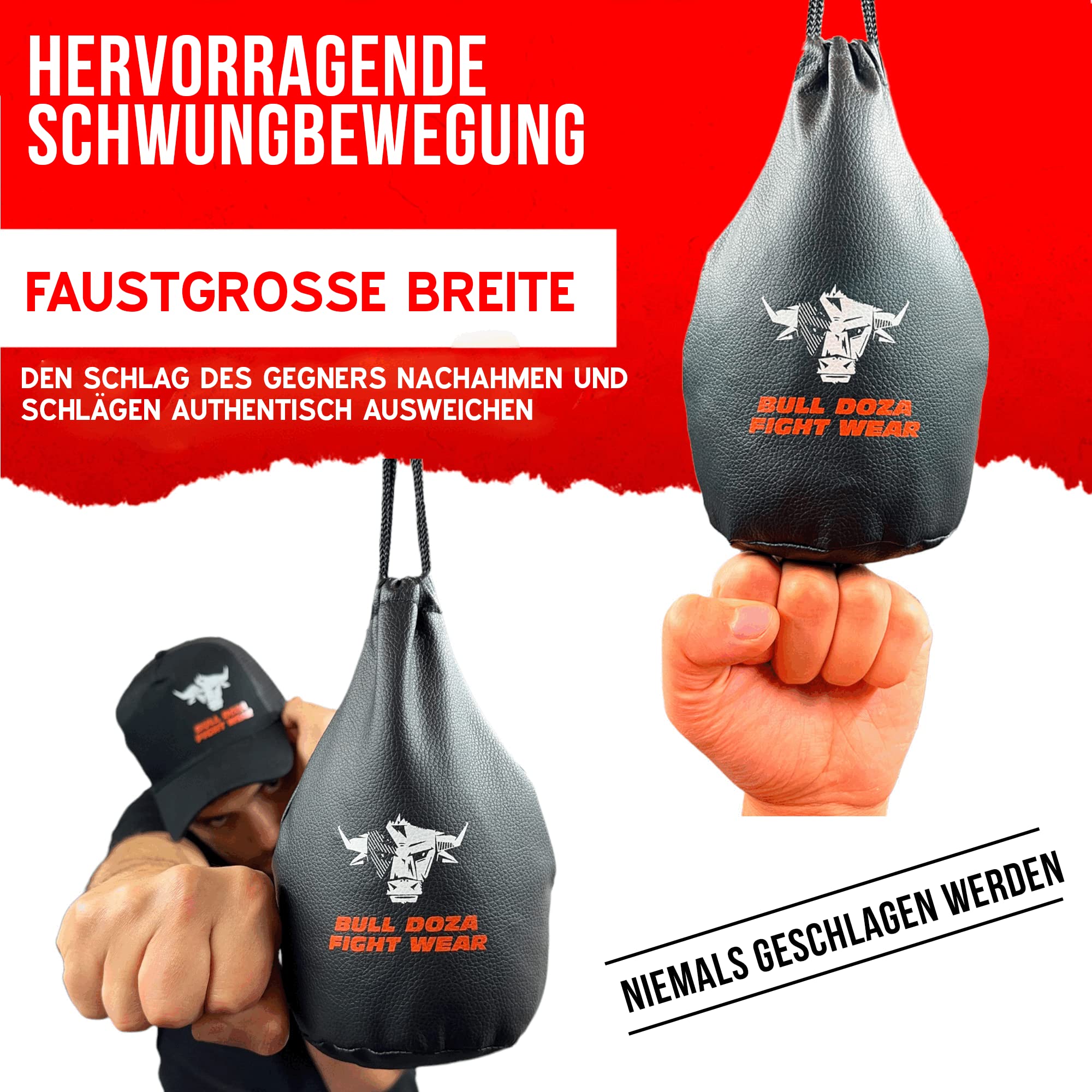 BULL DOZA FIGHT WEAR Ausweichen Reaktionstasche – Faustbreite – 1 kg wenn gefüllt – 2 Meter Seil zum Aufhängen inklusive – Boxsack MMA – Nr. 1 Verteidigungssack (Nicht zum Schlagen) (Schwarz, M)