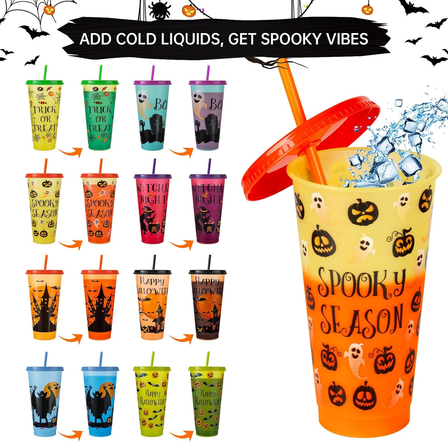 Halloween Decorations Color Changing Reusable Cups with Lids and Straws - 24 Pack 24 oz Plastic Tumblers Bulk with Lids and Straws - Reusable for Party Cups - Image 3