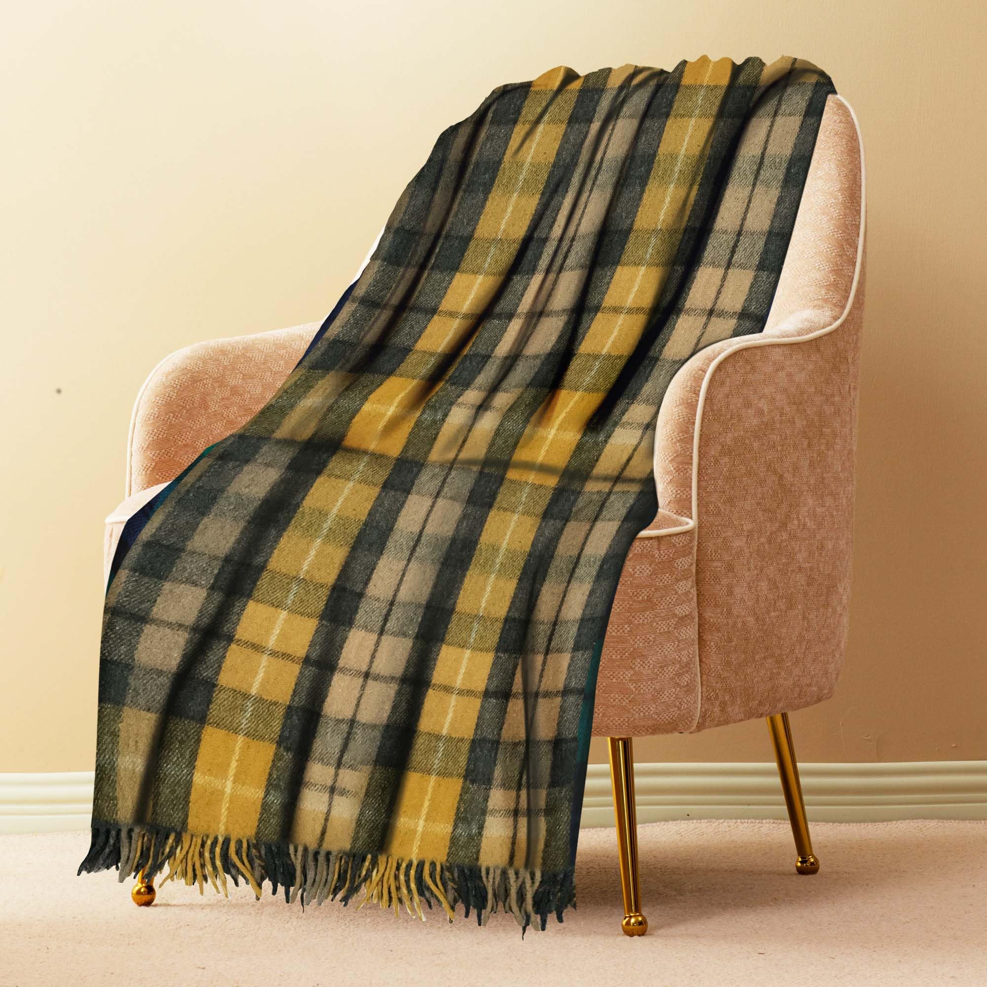Couvertures luxueuses en laine à motif tartan pour lits - Tartan Naturel Buchanan - Grand 188x157 cm, bords frangés - Plaid écossais doux et douillet - Cadeaux pour la Fête des Mères et mariages