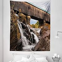 Vista 3 de Ambesonne Landscape Tapestry Queen Size, Old Rustic Oak Covered Bridge over Cascading Waterfalls Rock Fall Season American City, Wall Hanging