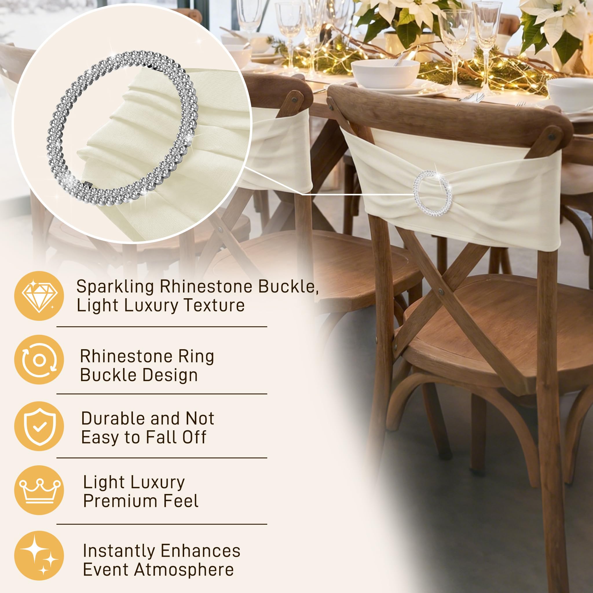 UISEBRT 100 Stück Elastische Stuhlschleifen mit Strass-Schnalle,Stuhl Bänder Spandex-Stuhlschärpe mit Diamant-Ring,Dehnbare Stuhlschleife für Hochzeit, Geburtstag, Party, Dekoration,Elfenbein