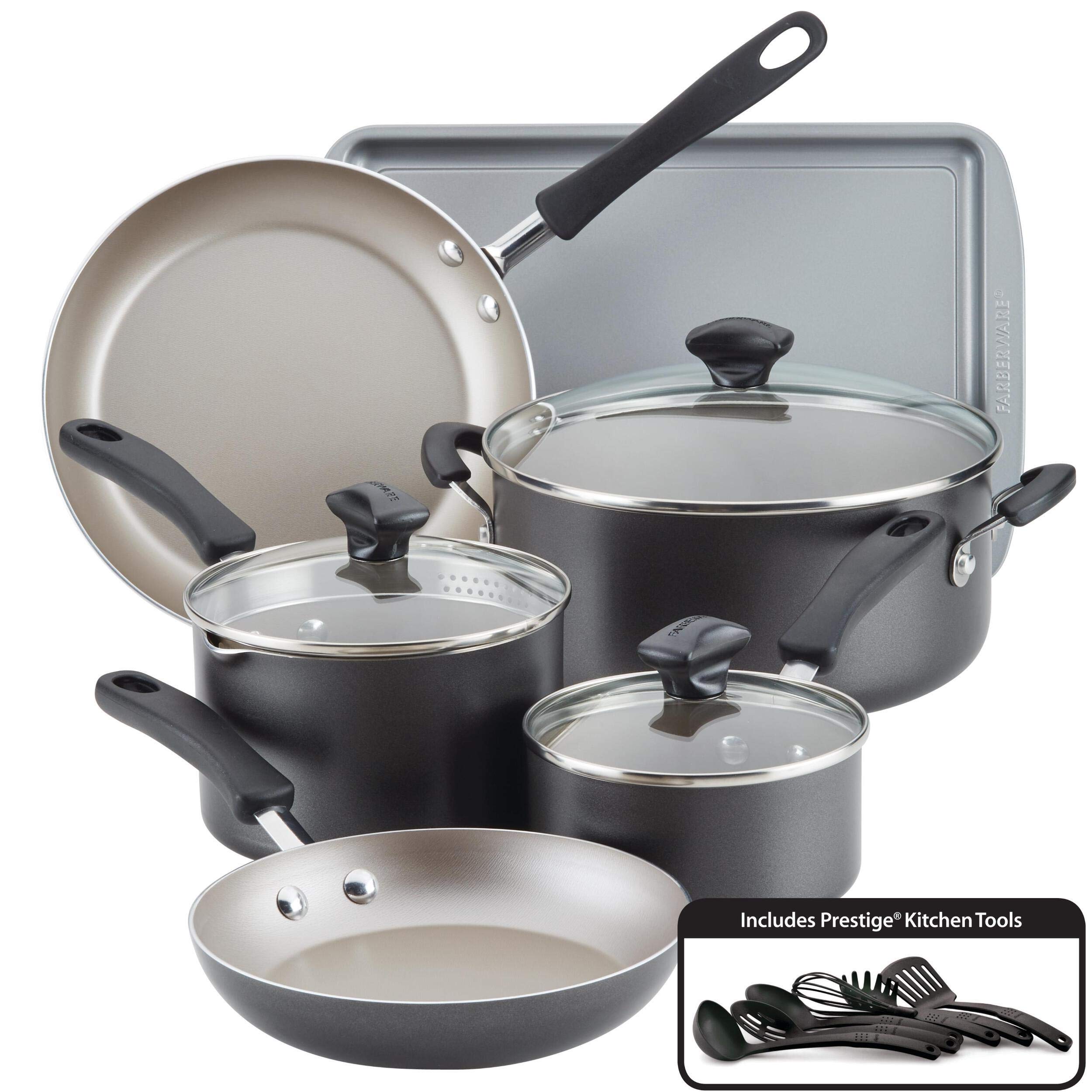 FarberwareCookstart Diamond Max Nonstick Cookware 15Pcs Set | Pots and Pans Set with Glass Lids | Non-Stick Induction Compatible Cookware Set | FB22293 - Pewter