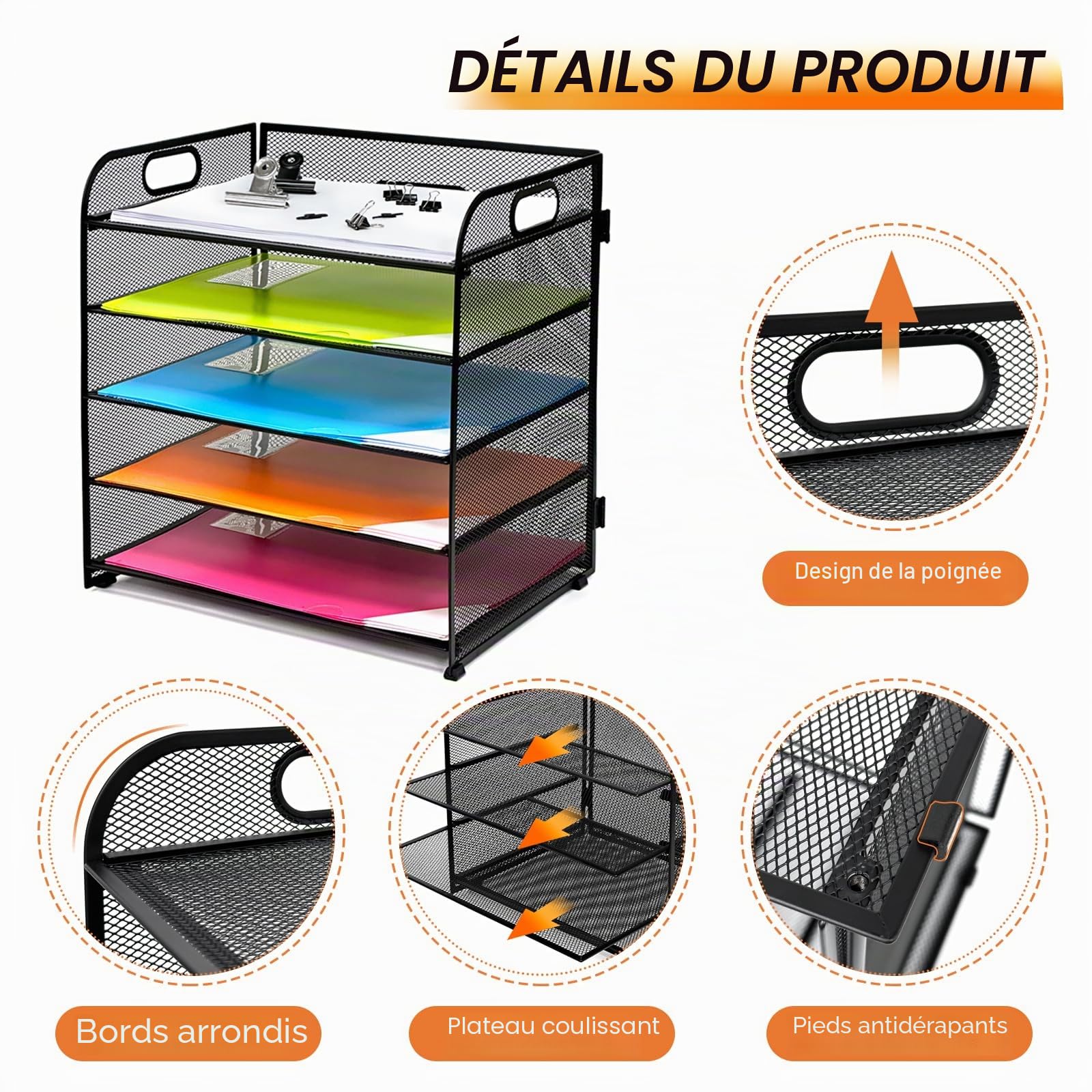 Bac à Courrier, Organiseur de Bureau 5 Niveaux, Noir | Supports de Classement en Maille avec Poignée, Organiseur de Papier, pour Dossier de Fichiers A4
