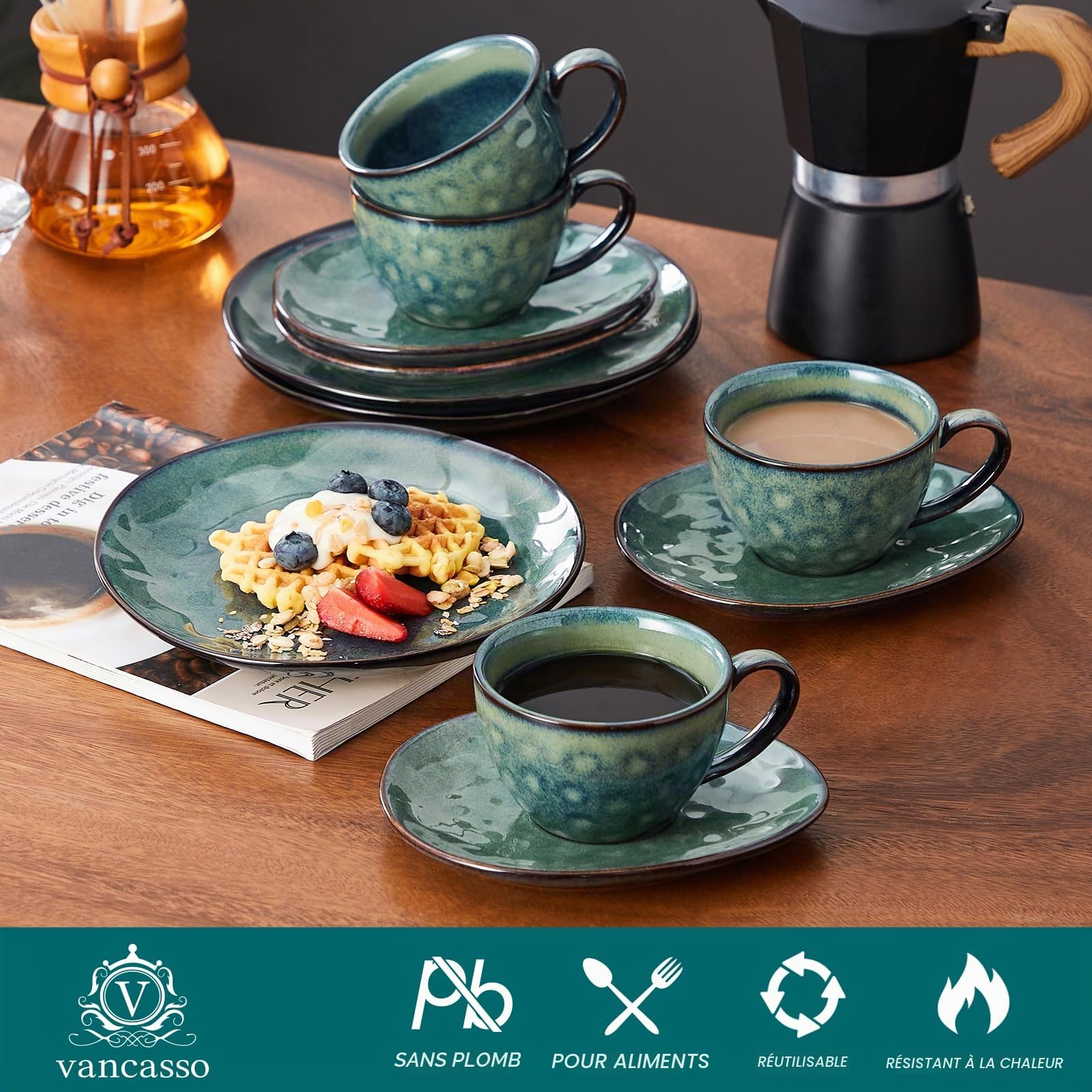 vancasso Ensemble tasse et soucoupe étoilés avec assiettes à dessert de 21,6 cm, service à thé en céramique pour 4 personnes, tasse à café de 270 ml pour expresso, cappuccino et toutes sortes de