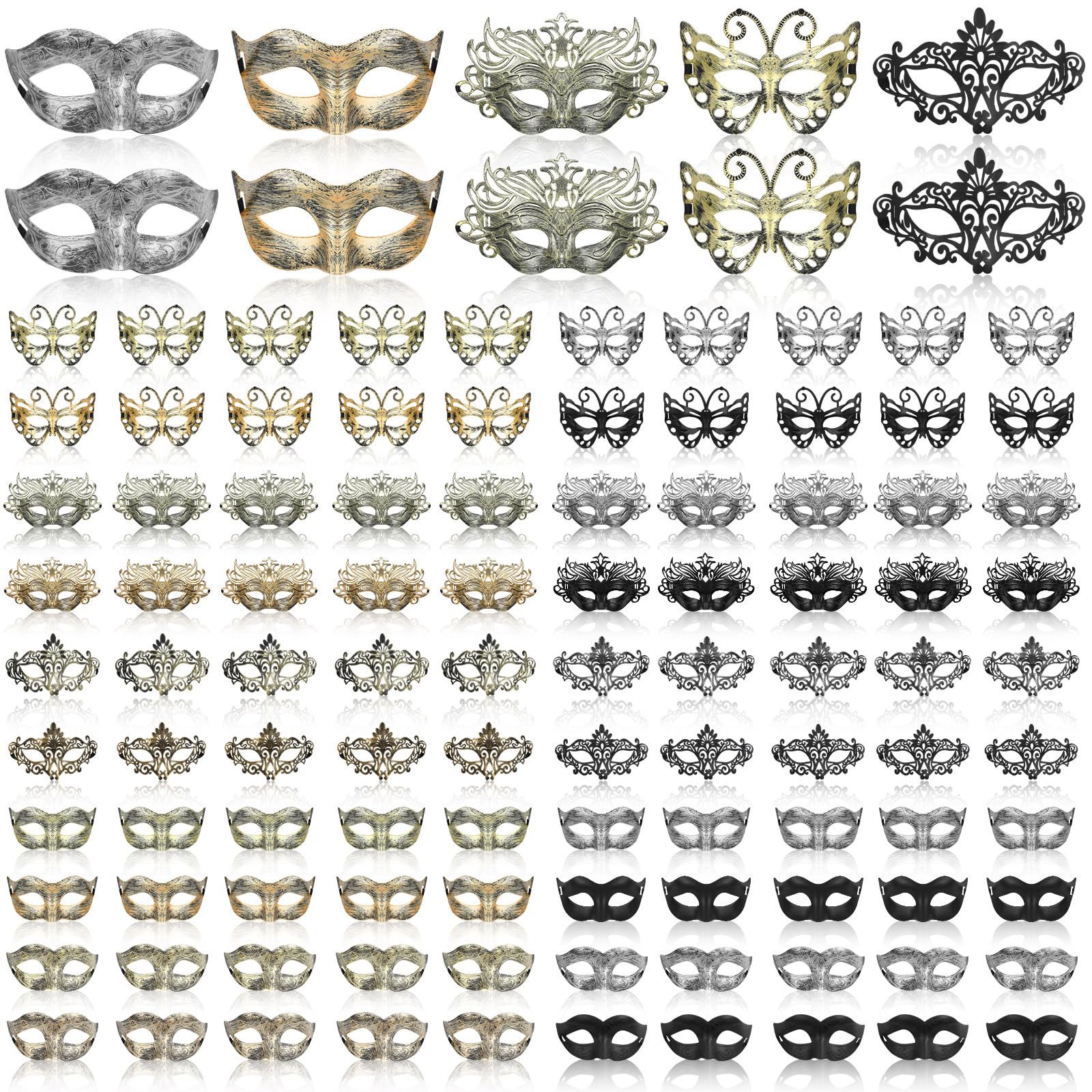 Poen 100 Pcs Mardi Gras Masquerade Mask Bulk Venetian Masks for Men Women Masquerade Mask for Cosplay Carnival Party, 5 Styles