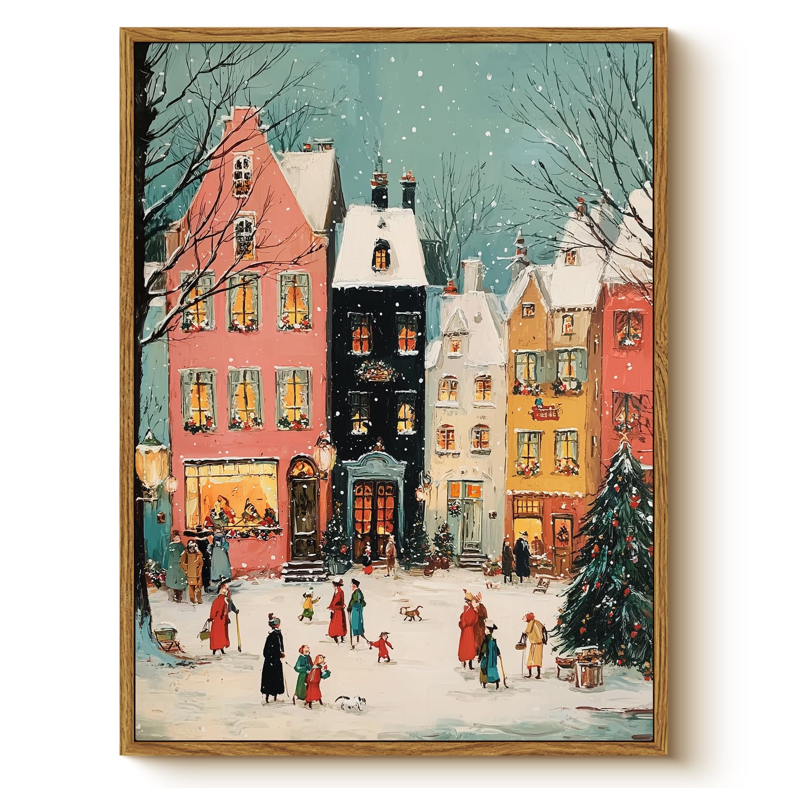 Vintage Framed Christmas Town Wall Art 12x16 Inch, Winter Holiday Village Canvas Print with Snow Street Scene Painting, Festive Decorations Living Room Bedroom Kitchen Farmhouse Home Décor