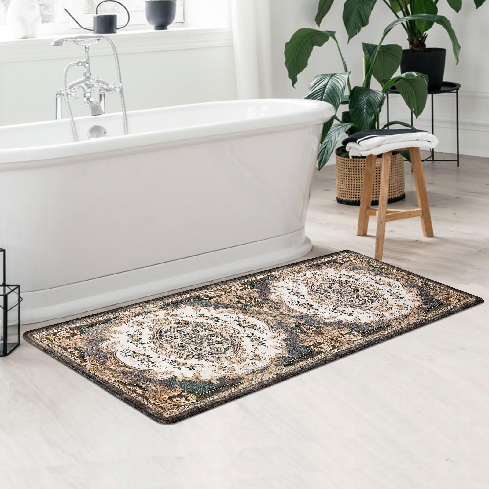 Boho Small Rug 2x4.3, Hallway Runner Rug Vintage Rug Washable Area Rug Faux Wool Throw Rug Non Slip Entryway Rug Nursery Floor Carpet Grey Rug for Bedroom Kitchen Laundry Room Entrance Bathroom