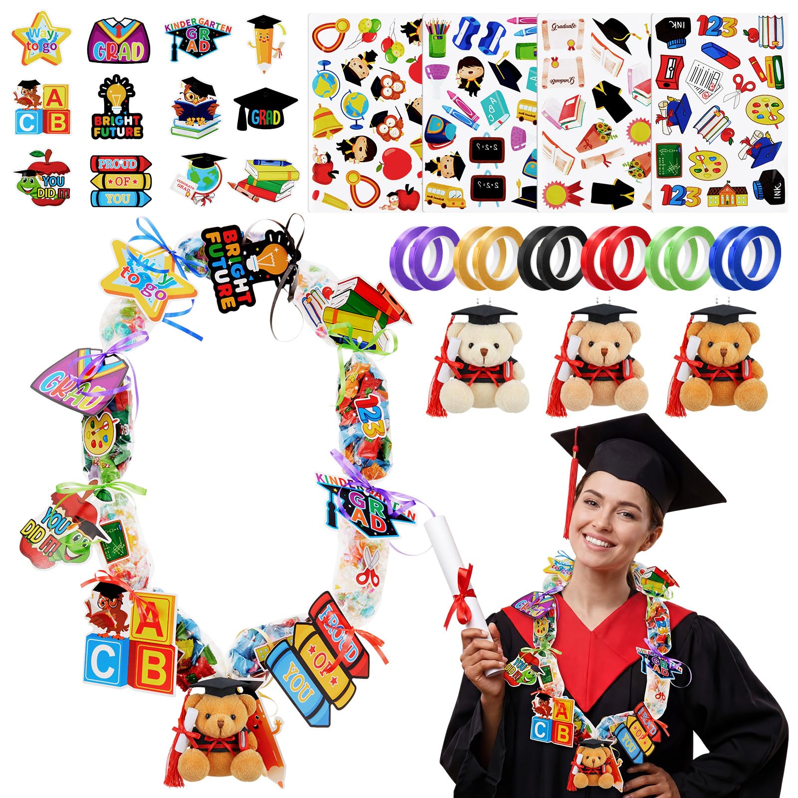 Photo 1 of Teyva Daily 167 Pcs 2026 Graduation Candy Lei Making Kit, Includes 36 Candy Lei Tubing, 3 Plush Grad Bears, 12 Ribbon Rolls, Tags & Stickers, DIY Graduation Necklace Gift Supplies for Party Favor