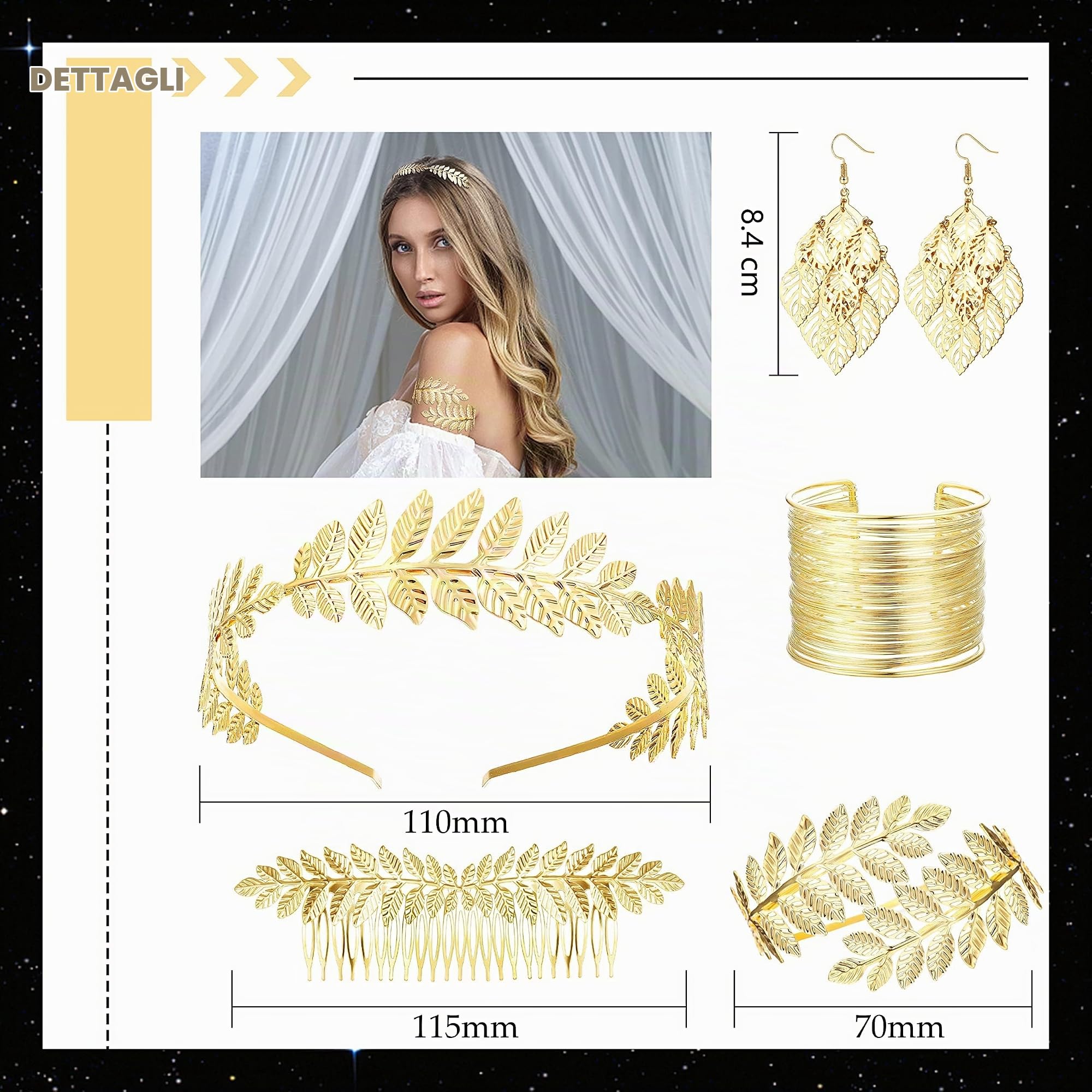 ORAZIO 6 Pezzi Costume Dea Greca Accessori Donna Gioielli Capelli Corona Alloro Bracciale Braccio Orecchini Copricapo Boho per Donne in Festa di Matrimonio Laurea Halloween