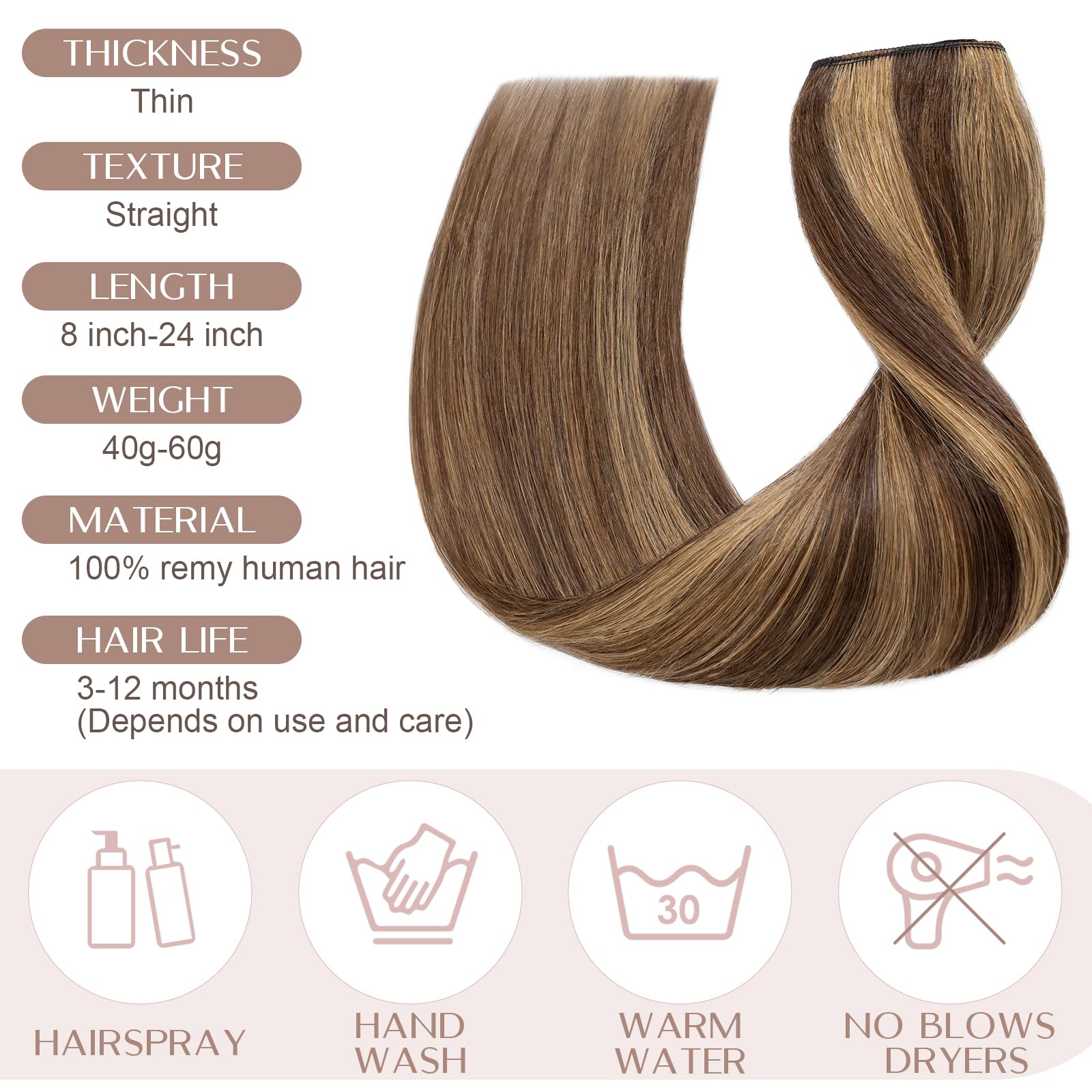SEGO Clip in Extensions Echthaar ein Stück Haarverlängerungen Haarteil 100% Remy Human Haar Glatt Mittelbraun/Honigblond #4p27 24"(61cm)-60g