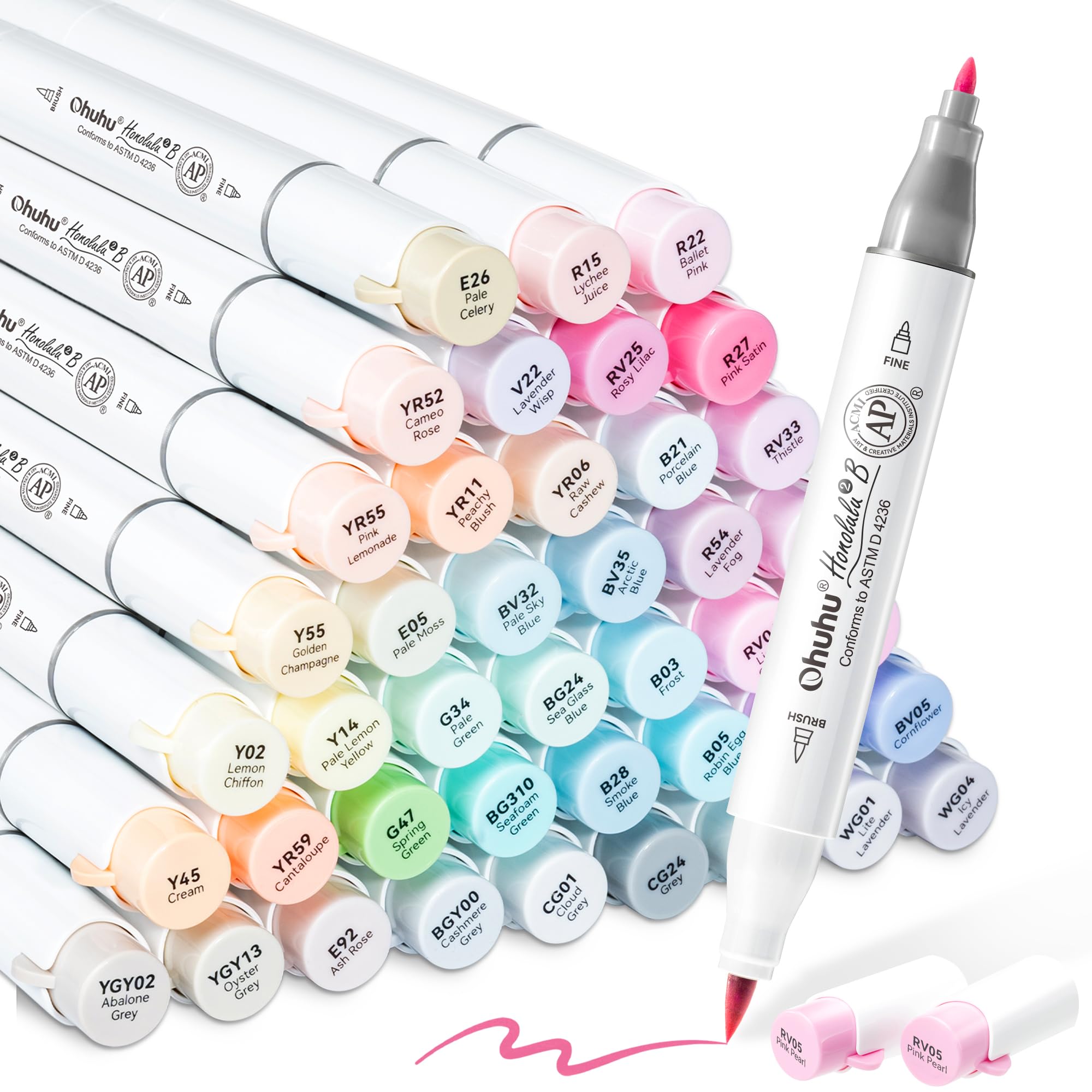 Ohuhu Alcohol Markers Brush& Fine 48 Pastel Colors for Adults Cozy Coloring | AP Certified Refillable Art Marker Sweetness, Dual Tips Alcohol-based for Artists Beginners Drawing Illustration, Honolulu 2B
