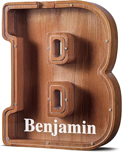 Miniatura 366 de SummiDate Alcancía de madera con nombre, niños y niñas, tamaño grande, letras alfabeto A-Z, monedas y billetes, inicial en cubierta transparente