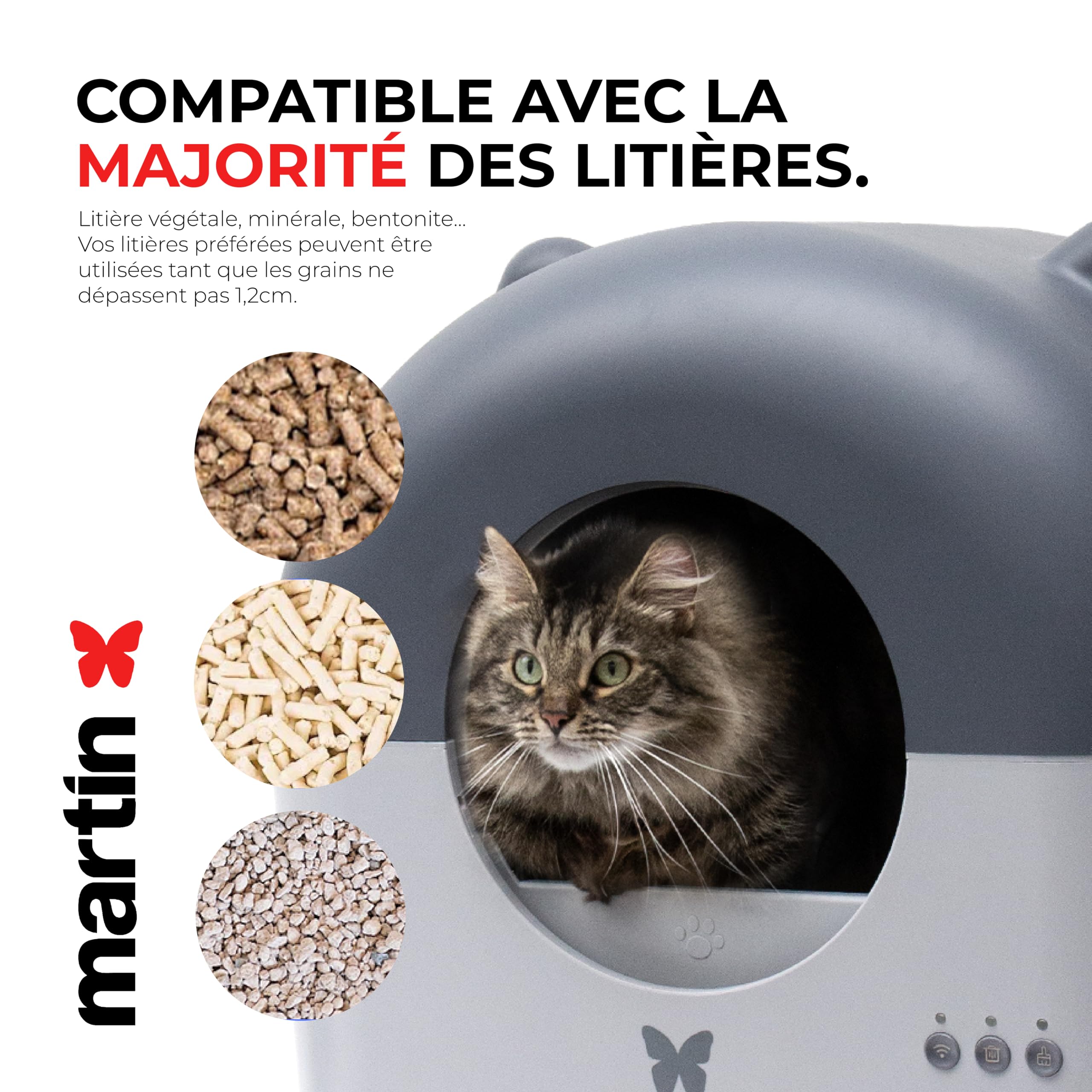 Martin Sellier Automatisches Katzenstreu, 76 l, intelligente Reinigung, Steuerung über App, Sicherheitssensoren, sehr leise (40 dB), mehrere Katzen, modernes LED-Design