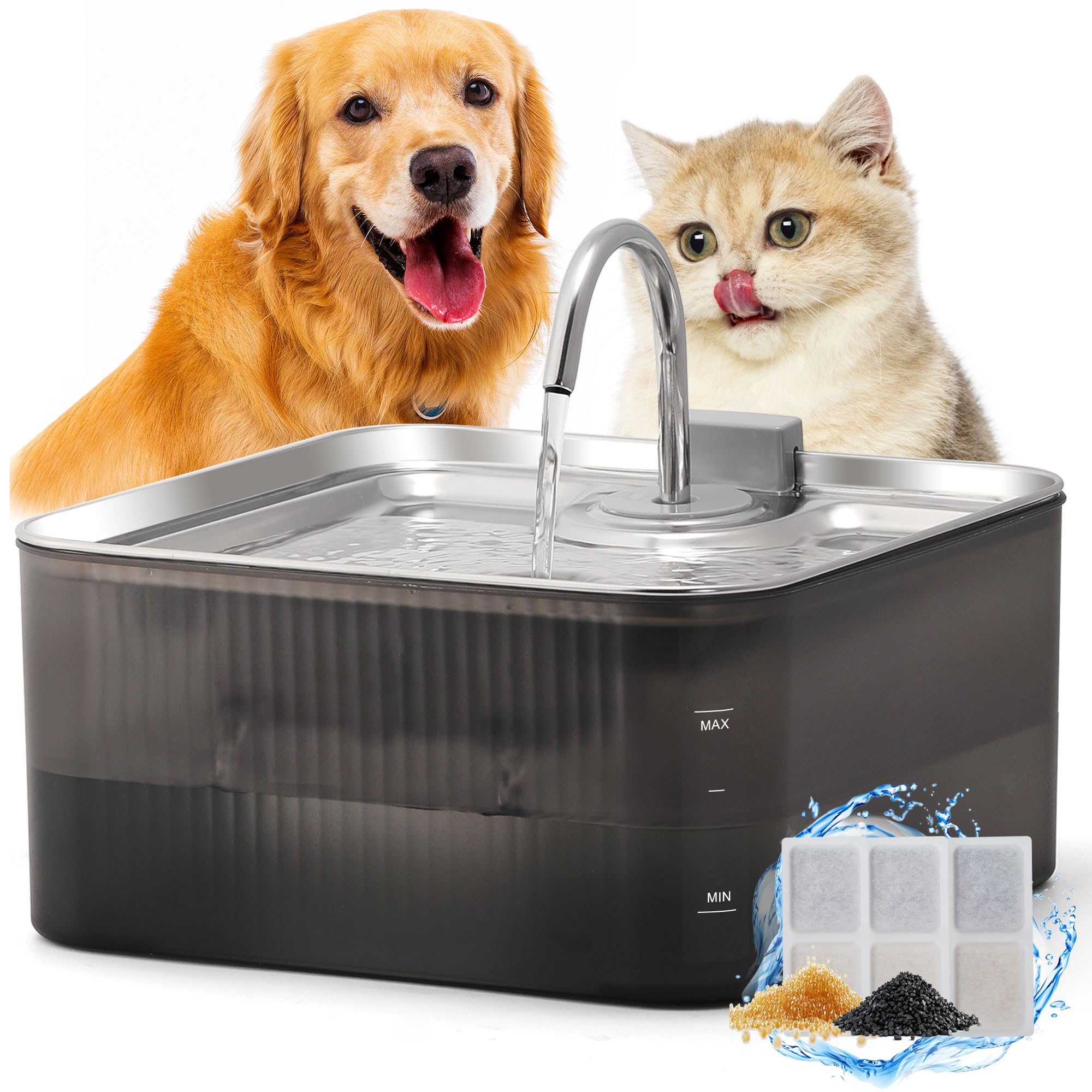 FUKUMARU 7L Dog and Cat Fountain with 5-Layer Filtration, Stainless Steel with Silent Pump, Overload Protection, for Large Dogs/Various Cats, with 3 Filters