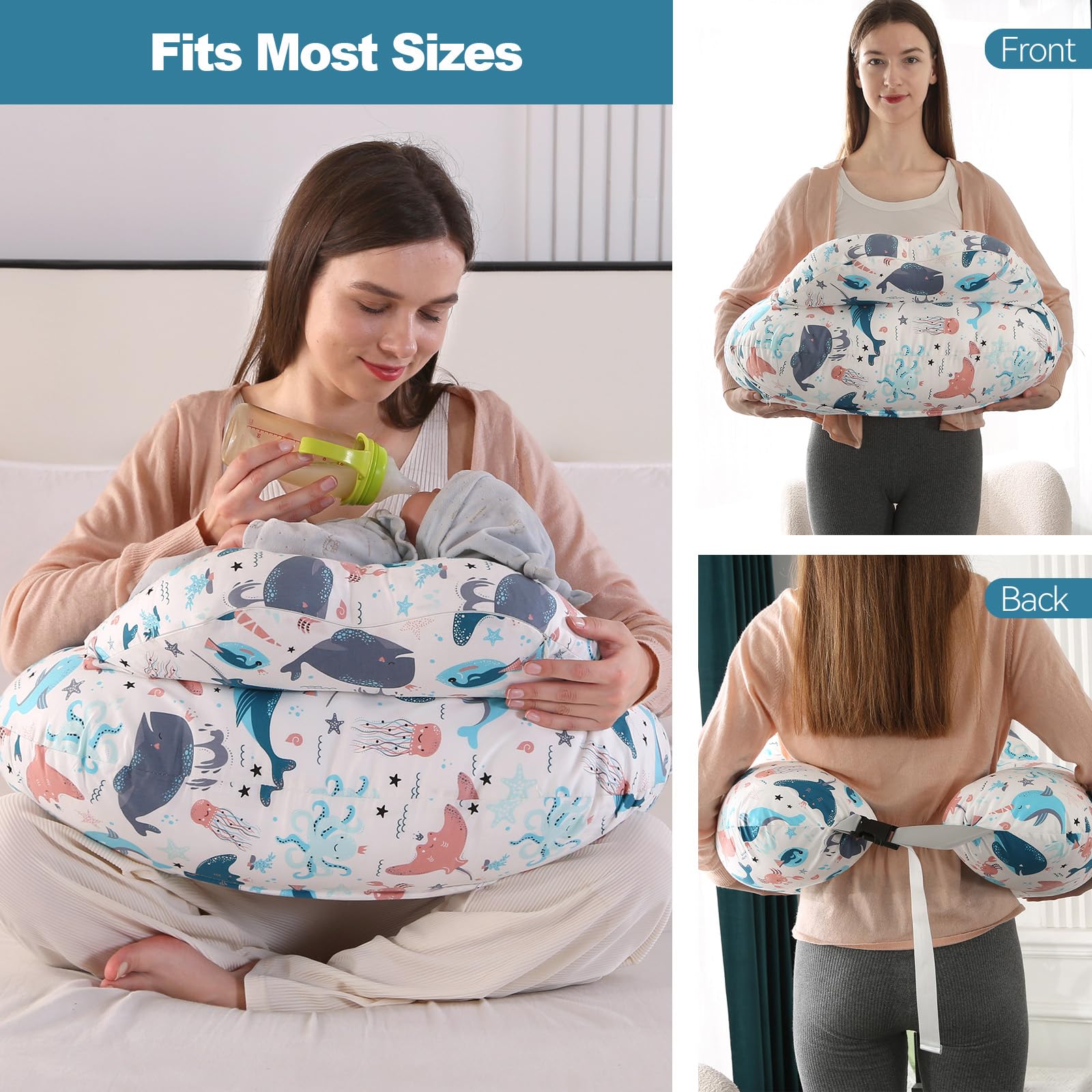 Stillkissen, Schwangerschaftskissen, Multifunktionales Motherhood Stillkissen mit Verstellbarem Hüftgurt und Sicherheitszaun, 100% Baumwollbezug (Unterwasserwelt)
