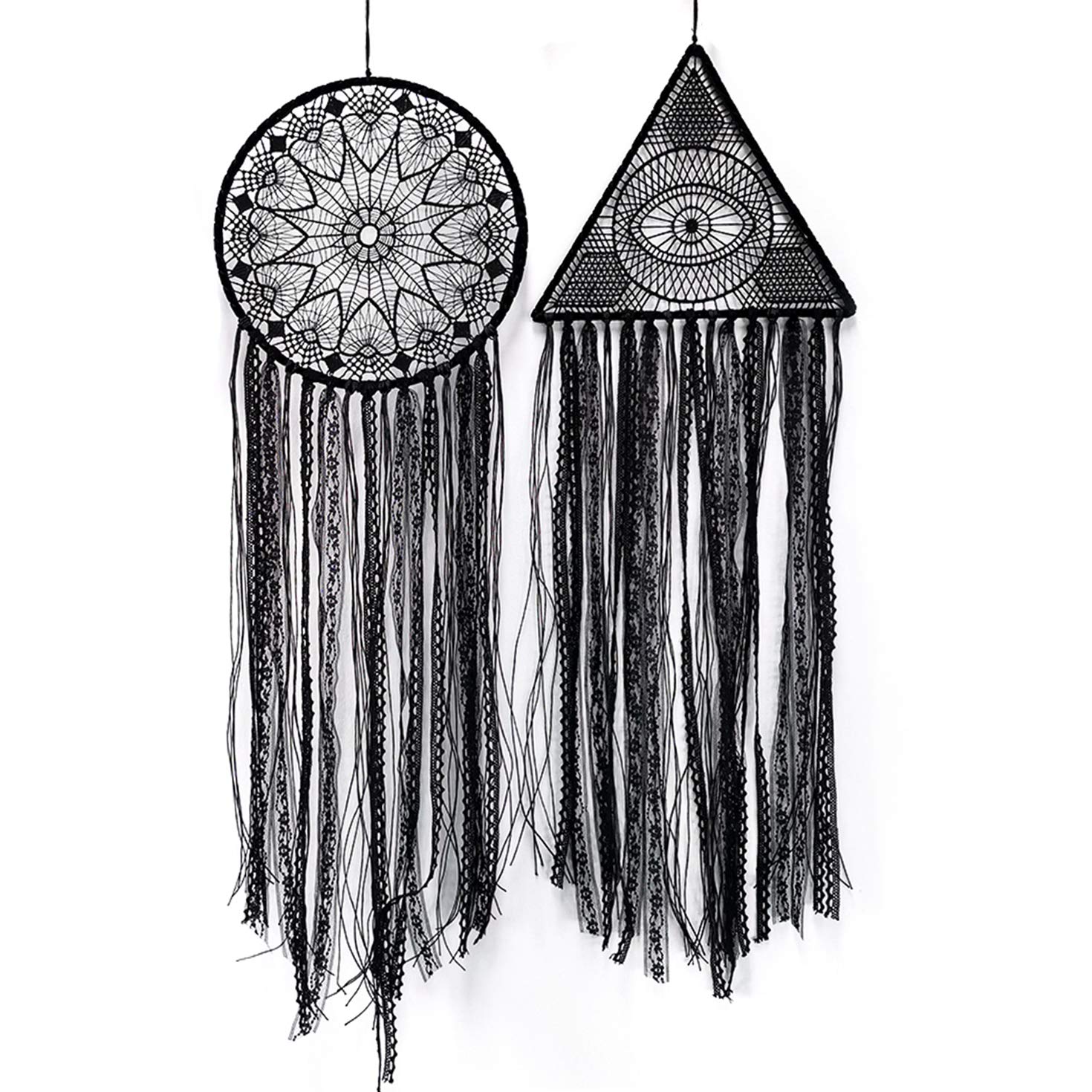 DUGYIRS 2 Pieces Large Dream Catcher Handmade Crochet， Evil Eye Design with Lace Triangle Round Dream Catchers Gothic Wall Art Decorations Hanging for Home Ornament Christmas Festival Gift (Black)
