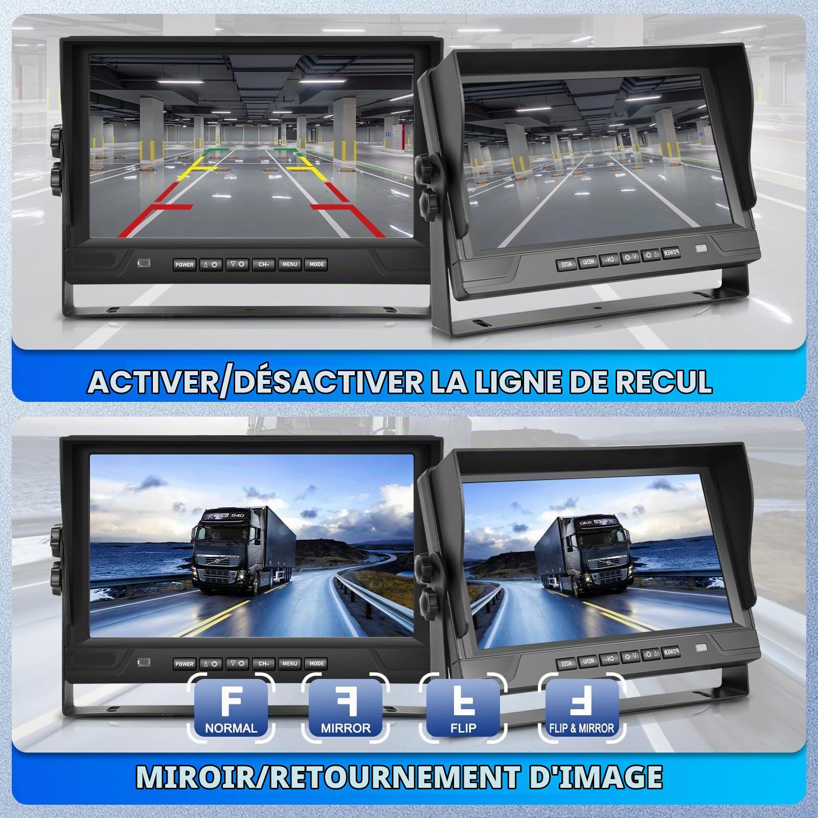 Caméra de Recul pour Voiture 1080P avec 4 Écrans Divisés Moniteur 9 Pouces, supportant 4 Caméras DVR/IP68/Vision Nocturne pour Camion, Camping-Car, Remorque, avec Câbles 2x10 M et 2x20 M