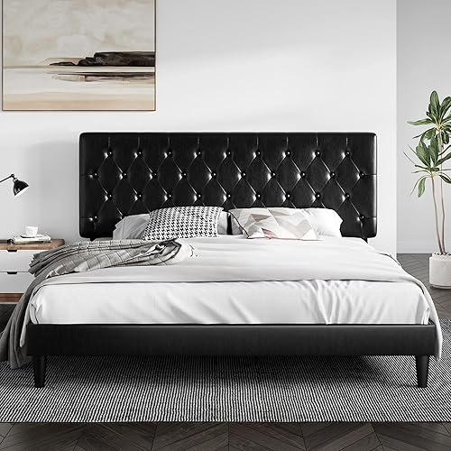 SHA CERLIN King Size Platform Bed Frame with Button Tufted Headboard, Faux Leather Upholstered Mattress Foundation, Wooden Slat Support, No Box Spring Needed, Black
