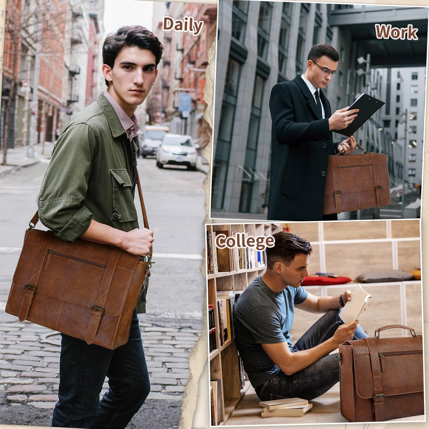 RAINSMORE Messenger Bag for Men 15.6 inch Leather Laptop Bag Vintage Waterproof Satchel Computer Briefcase for Office Work - Image 2