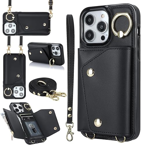 Miniatura 1 de LUVI Funda para iPhone 11 Pro Max con correa para el cuello, correa cruzada, correa de muñeca, funda protectora con ranura para tarjeta de crédito,