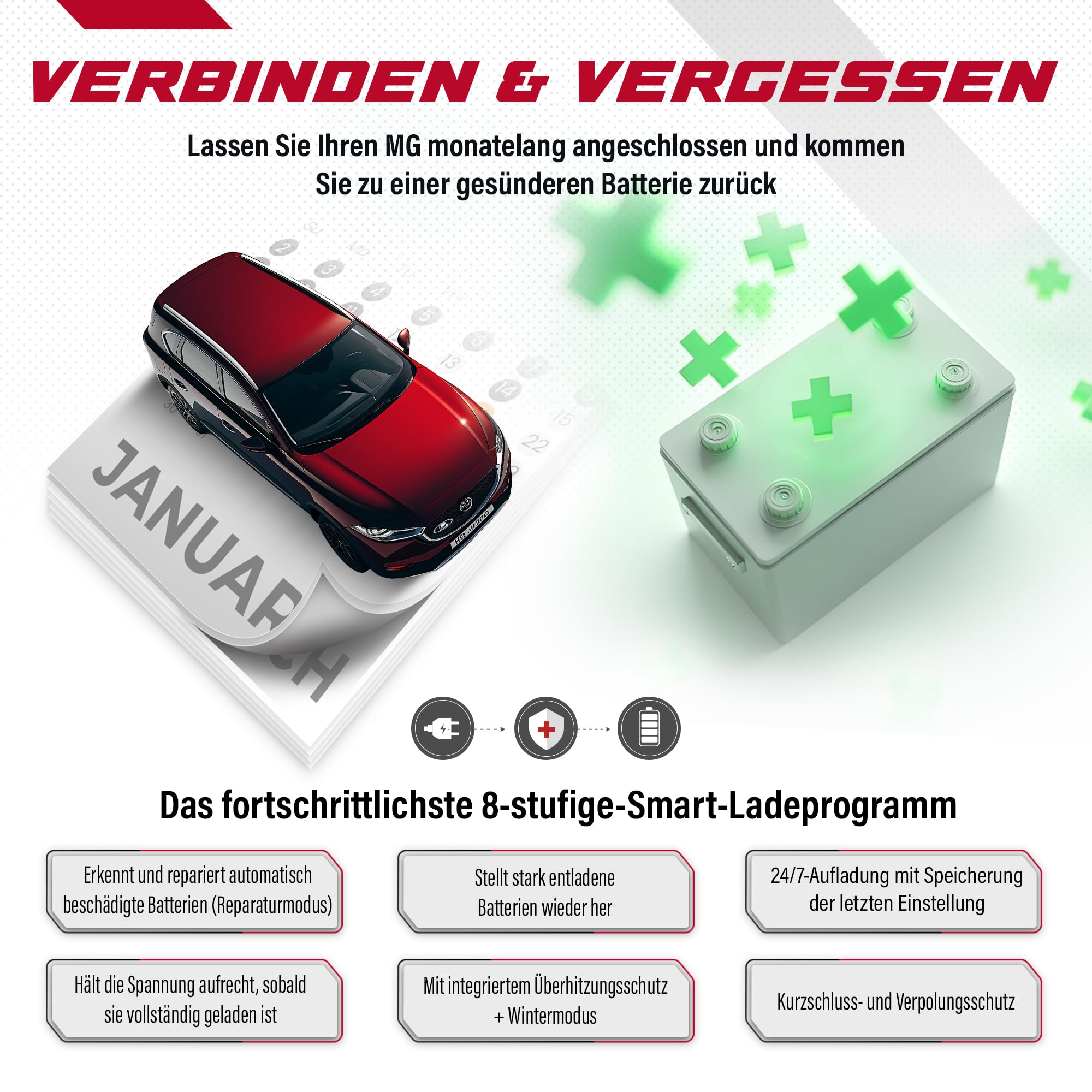 JMR Batterieladegerät für MG ZS HS MG3 MG5 MG6 MG7 MG9 D7 Comet MG4 Hector One RX5 RX9 S9 VS Whale Gloster Alle Modelle Autobatterie Ladegerät Erhaltungsladegerät Akkuladegerät (Kein Lithium-Modus)