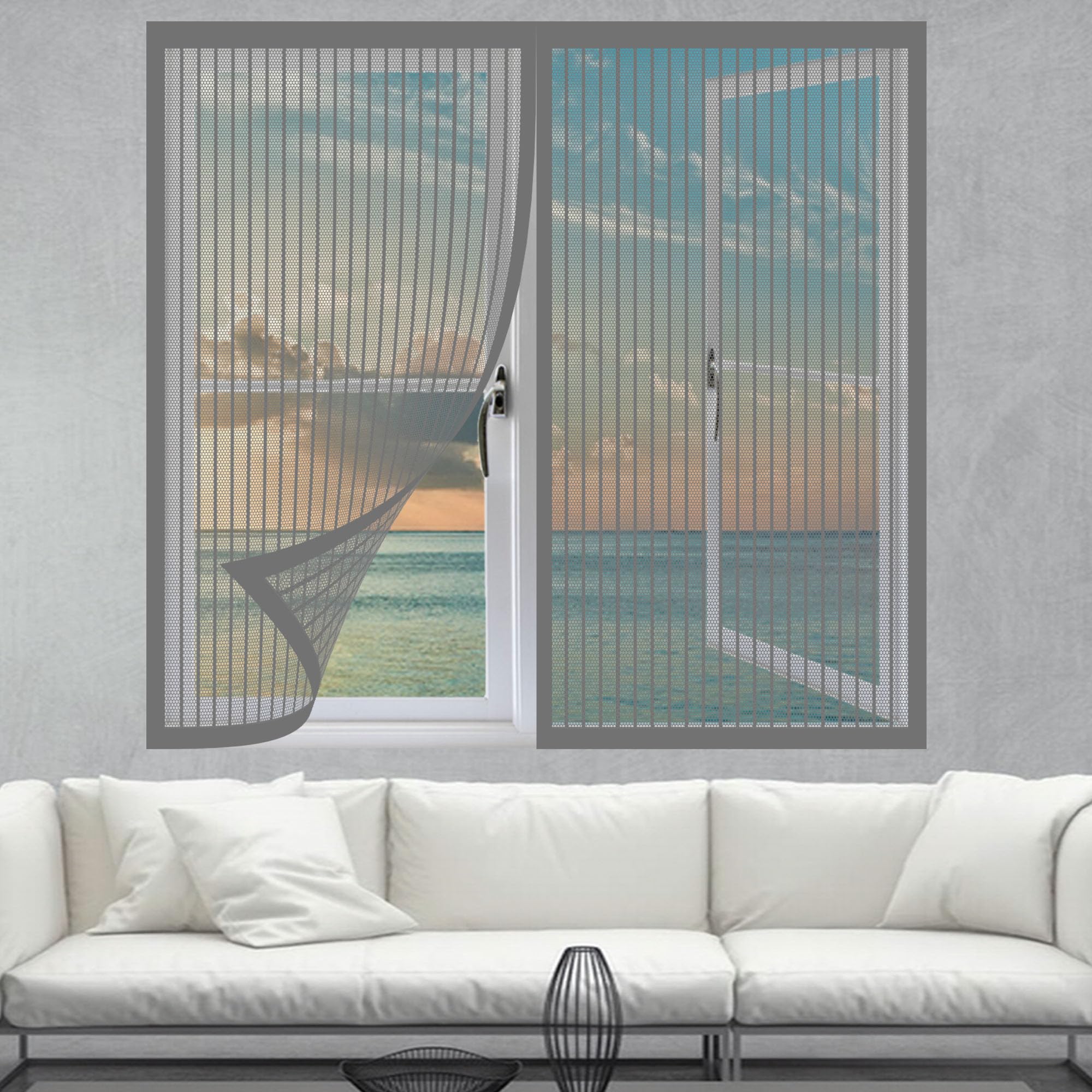 Window Fly Screen 170 x 145 cm with Selfadhesive Fly Screens for Windows Magnetic Without Drilling Or Screwing with Self Adhesive Tape for Windows Doors and Patio Screens, Grey