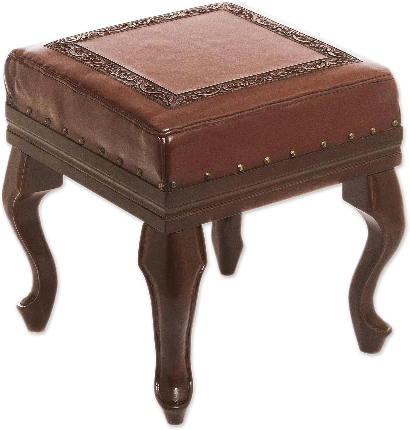 NOVICA Handmade Leather and Wood Ottoman Traditional Brown