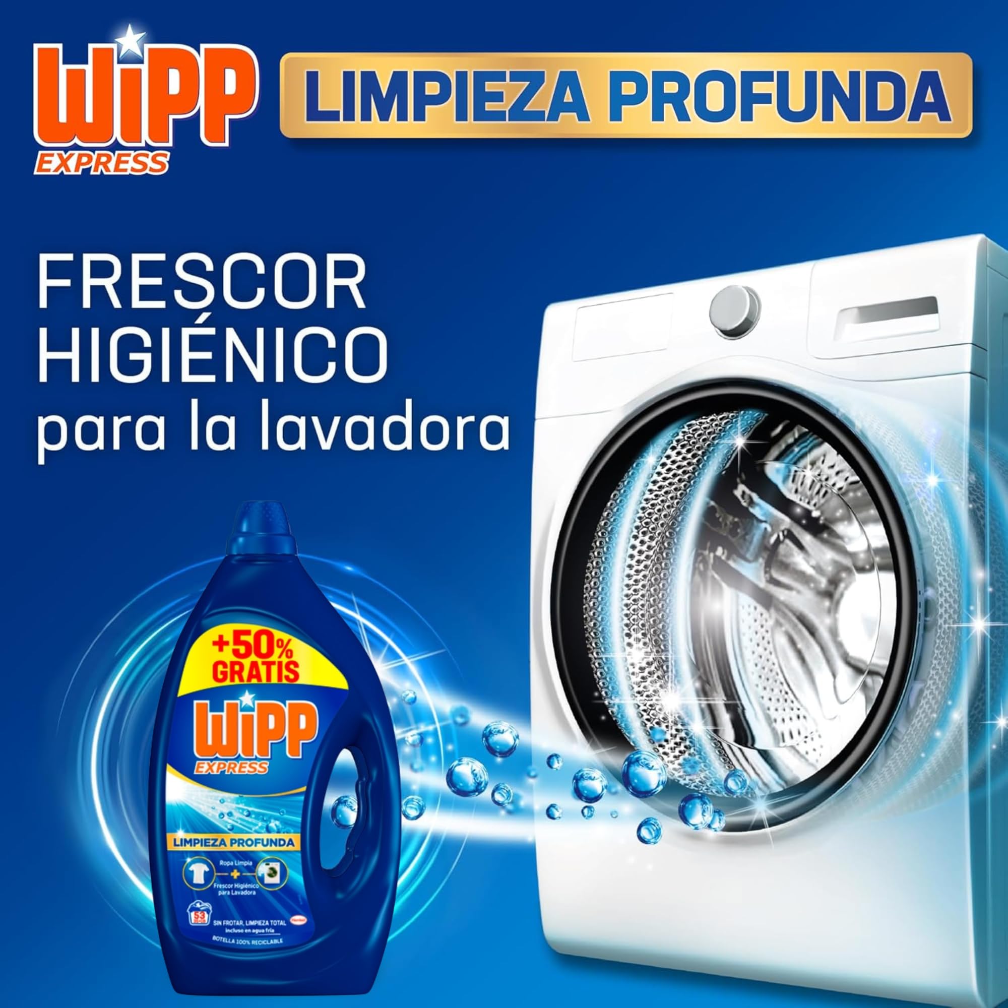 Wipp Express Limpieza Profunda Plus Frescor Activo, Detergente Liquido para Lavadora, 53 lavados - Pack de 3 - Total 159 lavados - Total 7,15 Litros