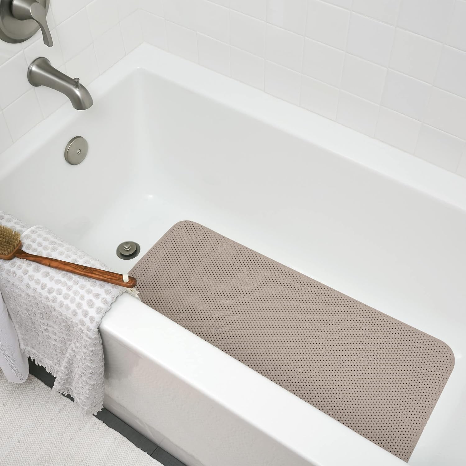 Taupe Cushioned Foam Rectangular Bath Mat with Suction Cups